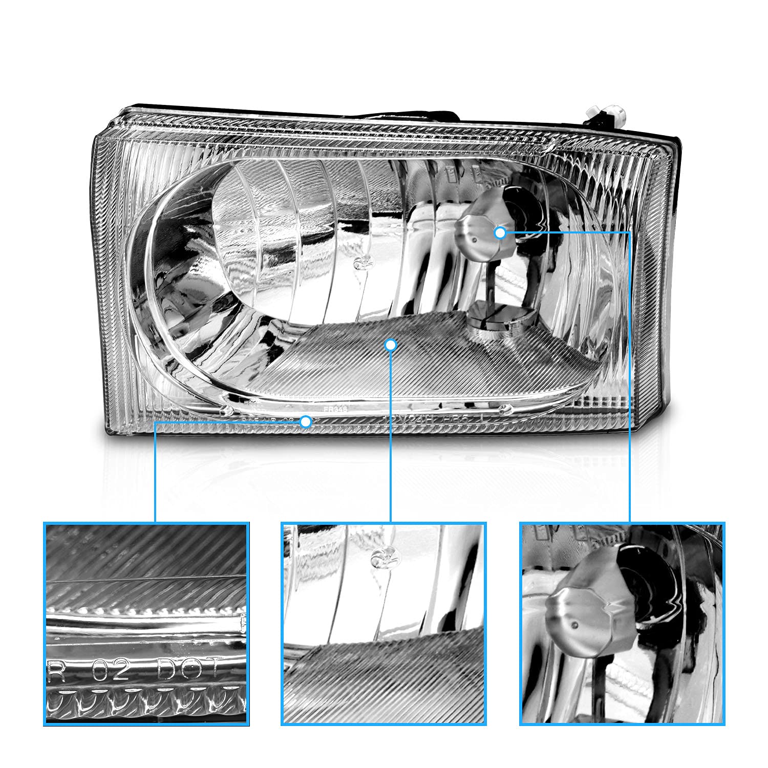 Amerilite For 1999-2004 Ford Super Duty F-250/F-350/F-450/F-550 | Excursion Chrome Headlights Beams Pair - Passenger And Driver