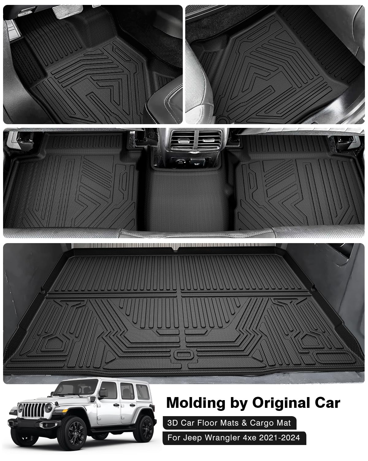 Powerty Floor Mats & Cargo Liner For 2021-2025 Jeep Wrangler 4Xe 4 Door Accessories Floor Mats 2 Row Liner Set All Weather Tpe 3