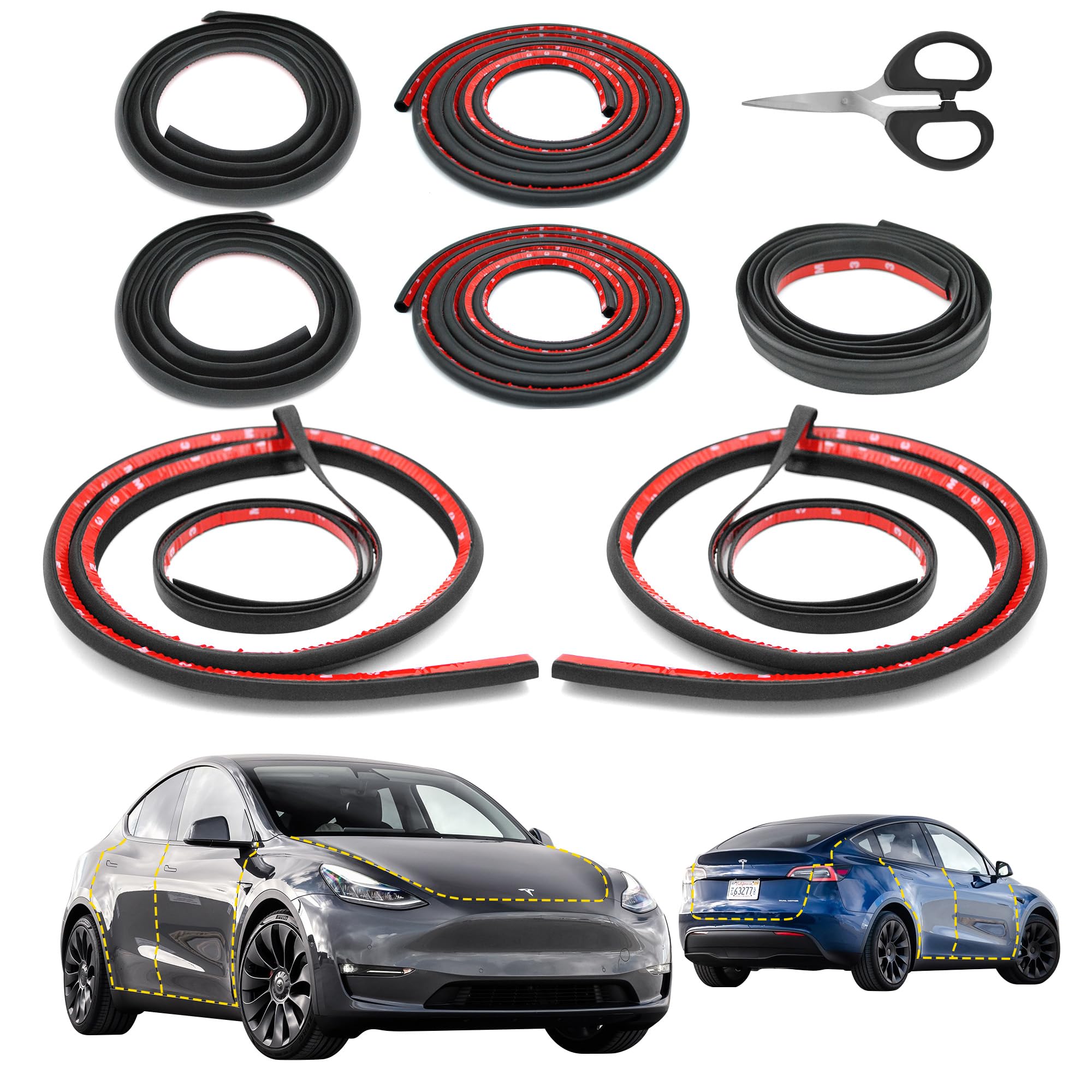 Car Weather Stripping for Tesla Model Y, Soundproof Seal for Wind Noise Reduction, Door & Trunk & A/B Pillar Rubber Seals