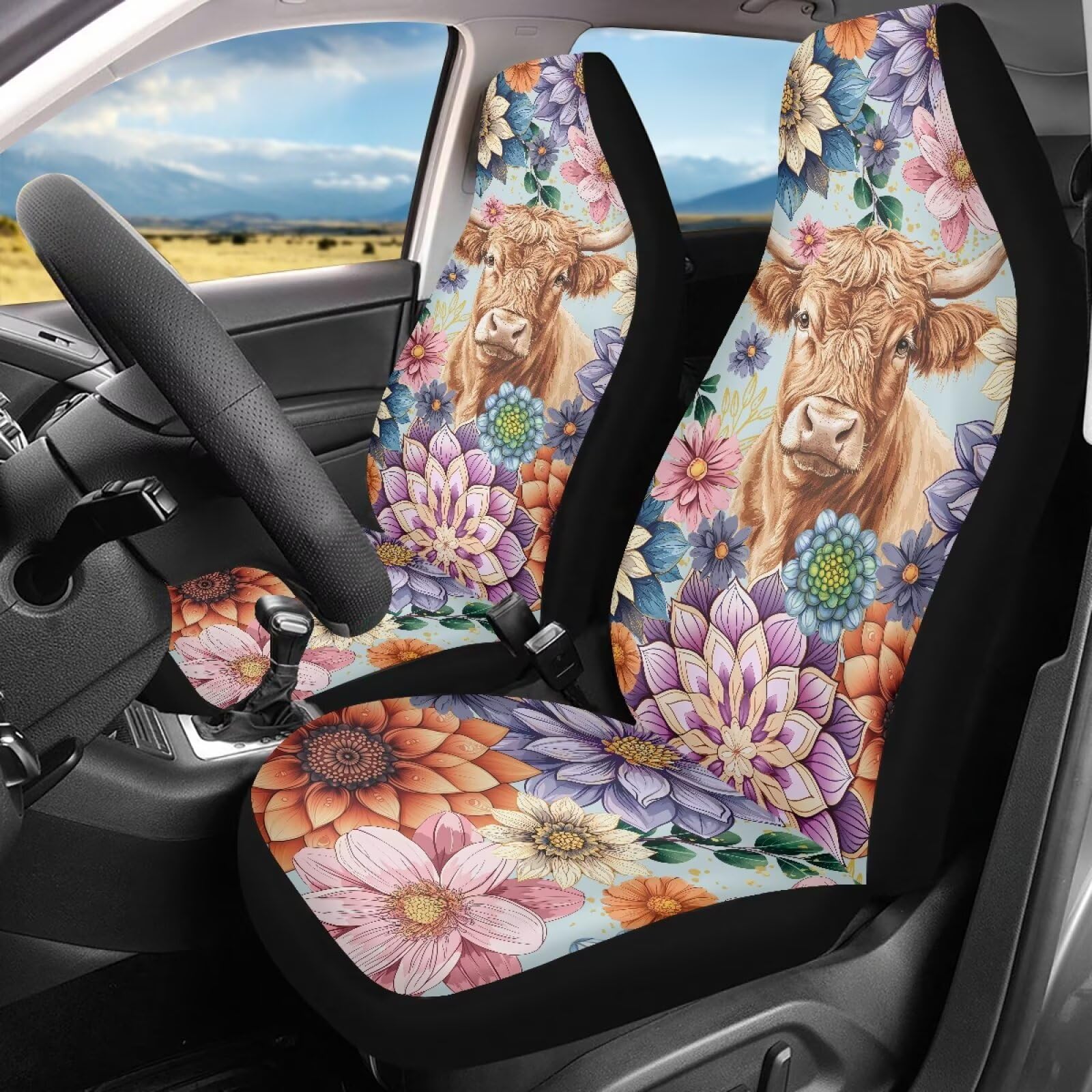 TOADDMOS Anti-Slip Car Seat Cover Front Seats Only,Boho Mandala Highland Cow Comfort Automotive Car Interior Covers Vehicle Cush