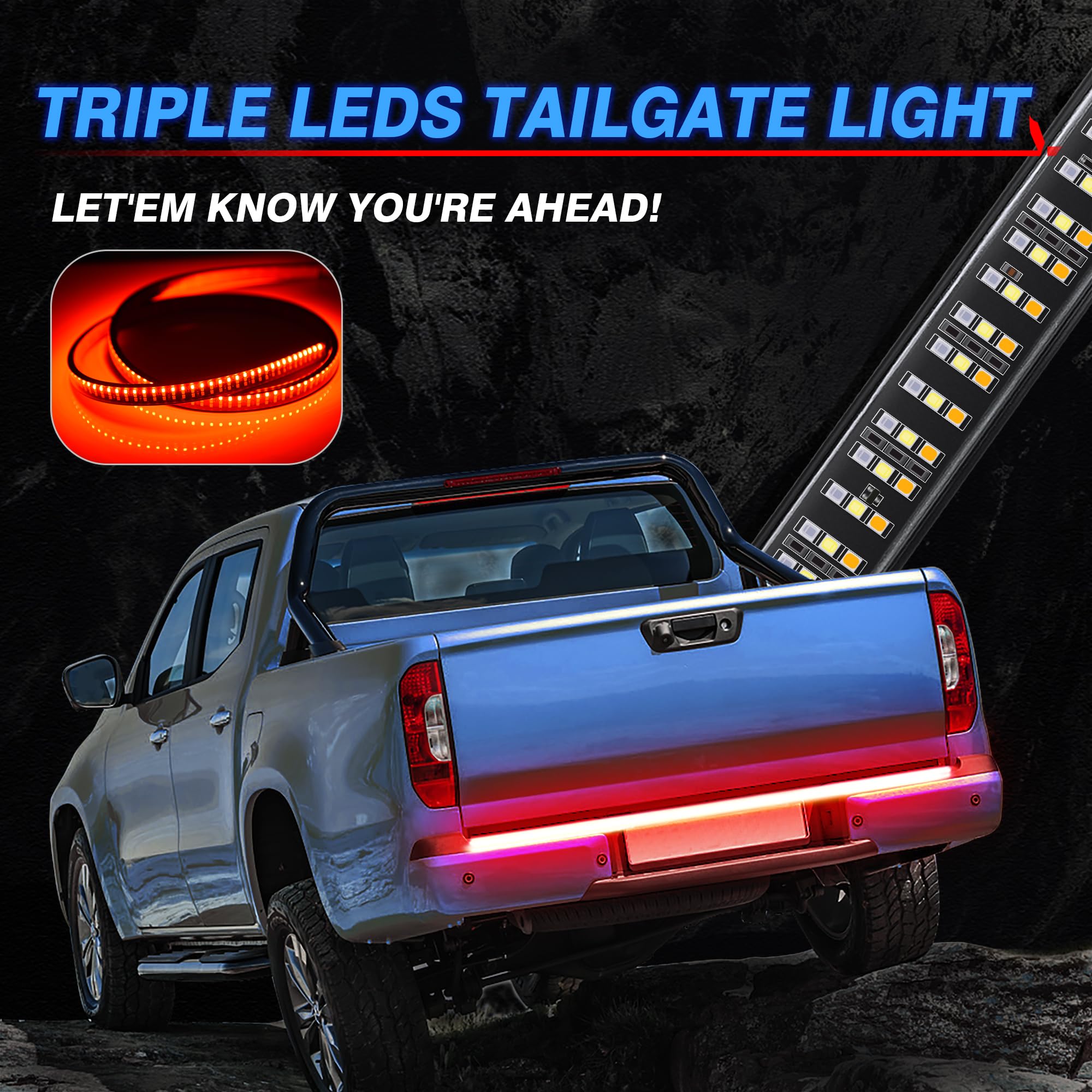 Mictuning 60 Inches Triple 504 Leds Tailgate Strip Light Waterproof With 4-Way Flat Connector - 5 Functions Solid Amber Turn Sig