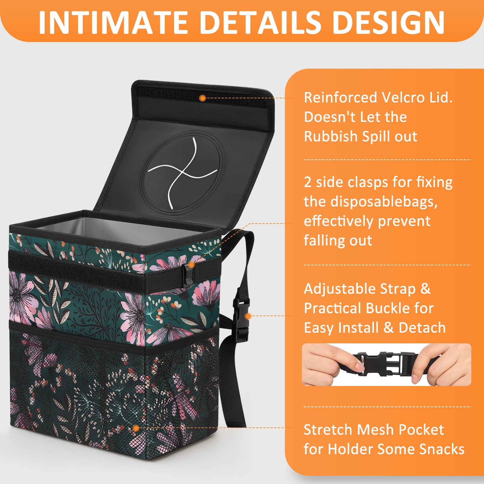 Vankor Car Trash Can For Cute, Bag Bin Hanging Waterproof Automotive Garbage Cans Leak Proof Vehicle Navy Floral