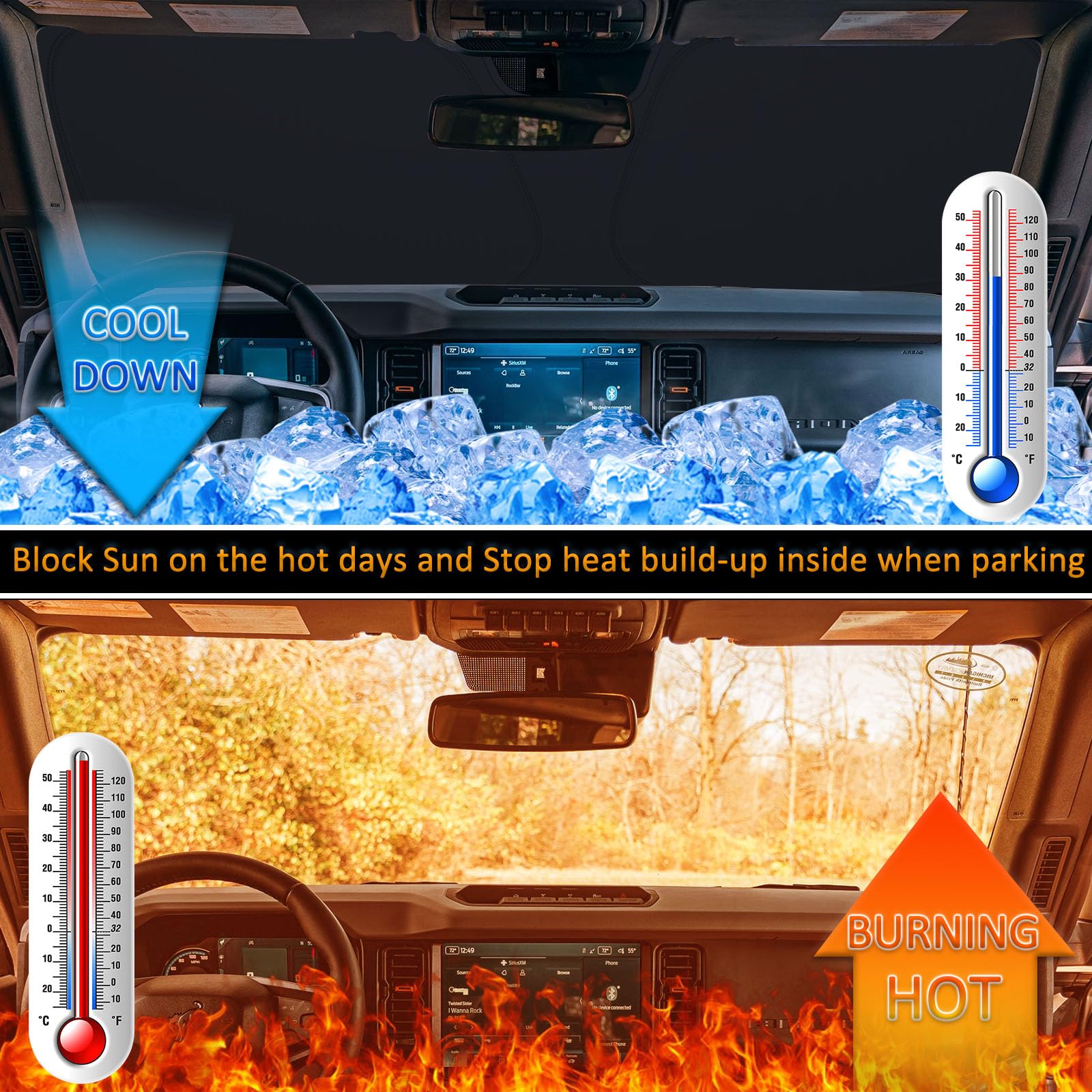 TOPINSTALL Foldable Windshield Sunshade Compatible with Ford Bronco 2/4-Door 2021-2025, Front Window Sun Protector with Storage