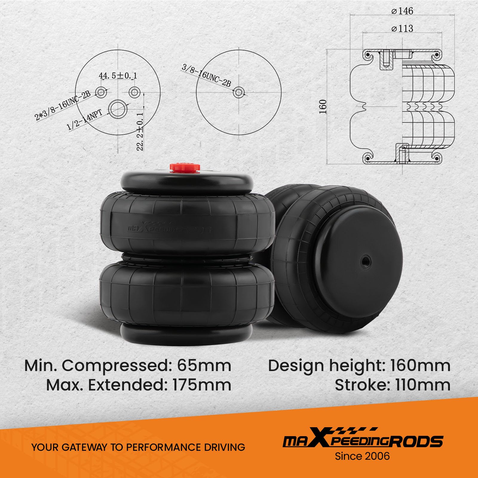 Maxpeedingrods 2Pcs Universal Air Suspension Spring Double Bellow Standard 2500 Lb 1/2'Npt Single Port Air Ride Strut Assembly
