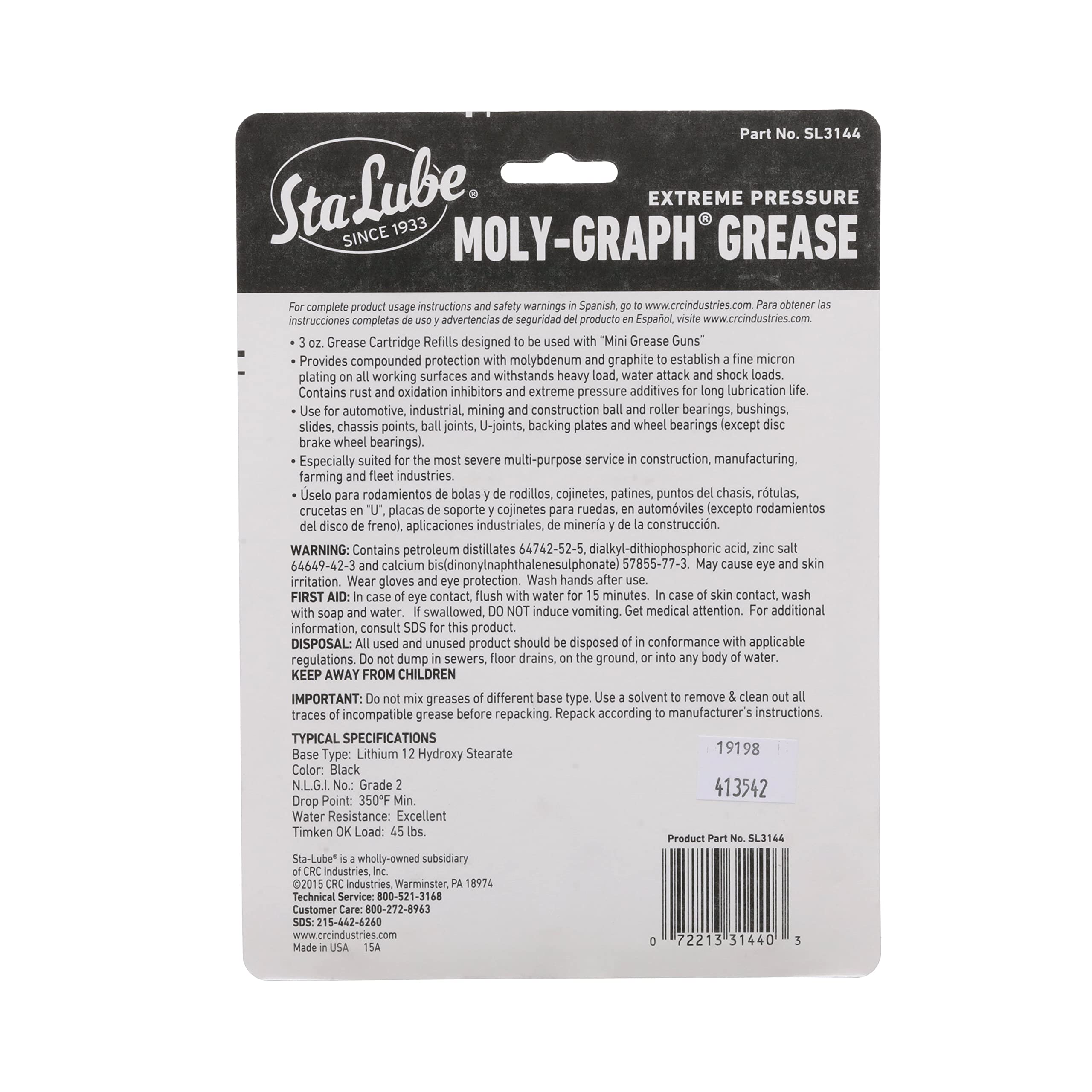 Sta-Lube Moly-Graph Extreme Pressure Multi-Purpose Grease SL3144 - [Pack of 3] 3 Wt Oz., Extreme Pressure, Multi-Purpose Molybde
