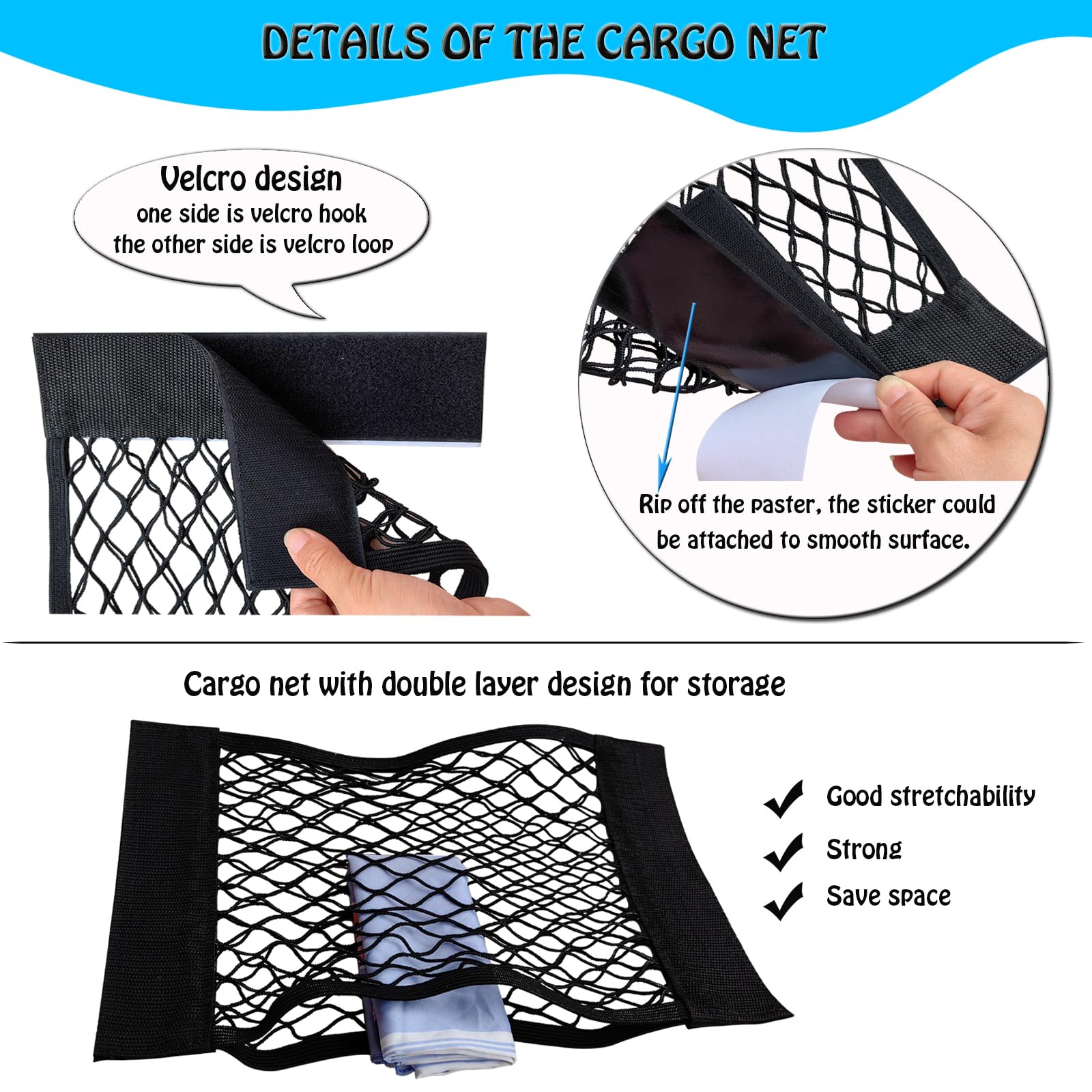 Xiwumoer 6Pack Mesh Cargo Net Car Storage Net Wall Sticker Organizer Pouch Bag Elastic Mesh Net With Tape Stickers For Trunk Sto
