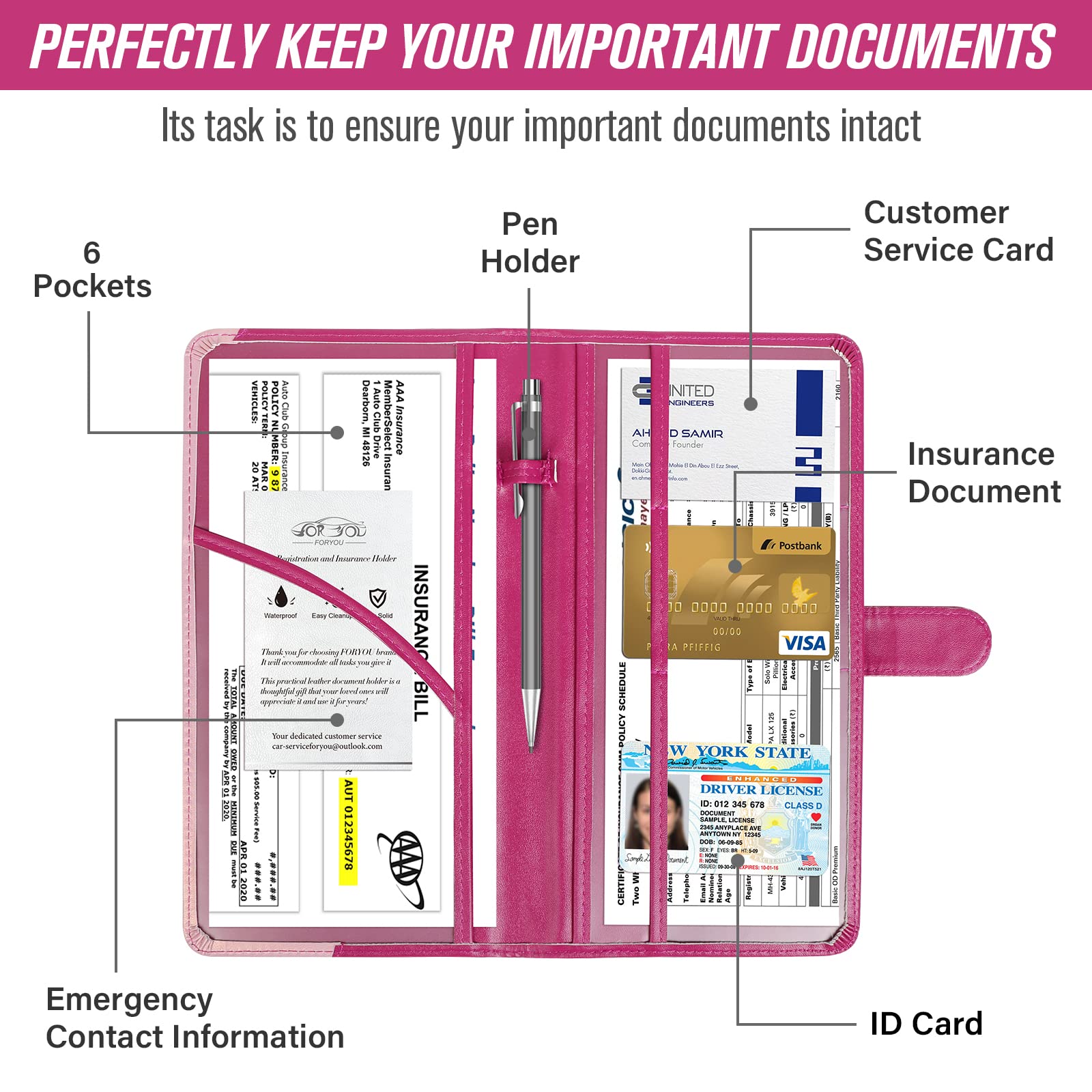 Foryou Car Registration And Insurance Holder Car Document Holder Registration And Insurance Card Holder For Cards, Driver License & Other Essential Documents(Purple Pink)