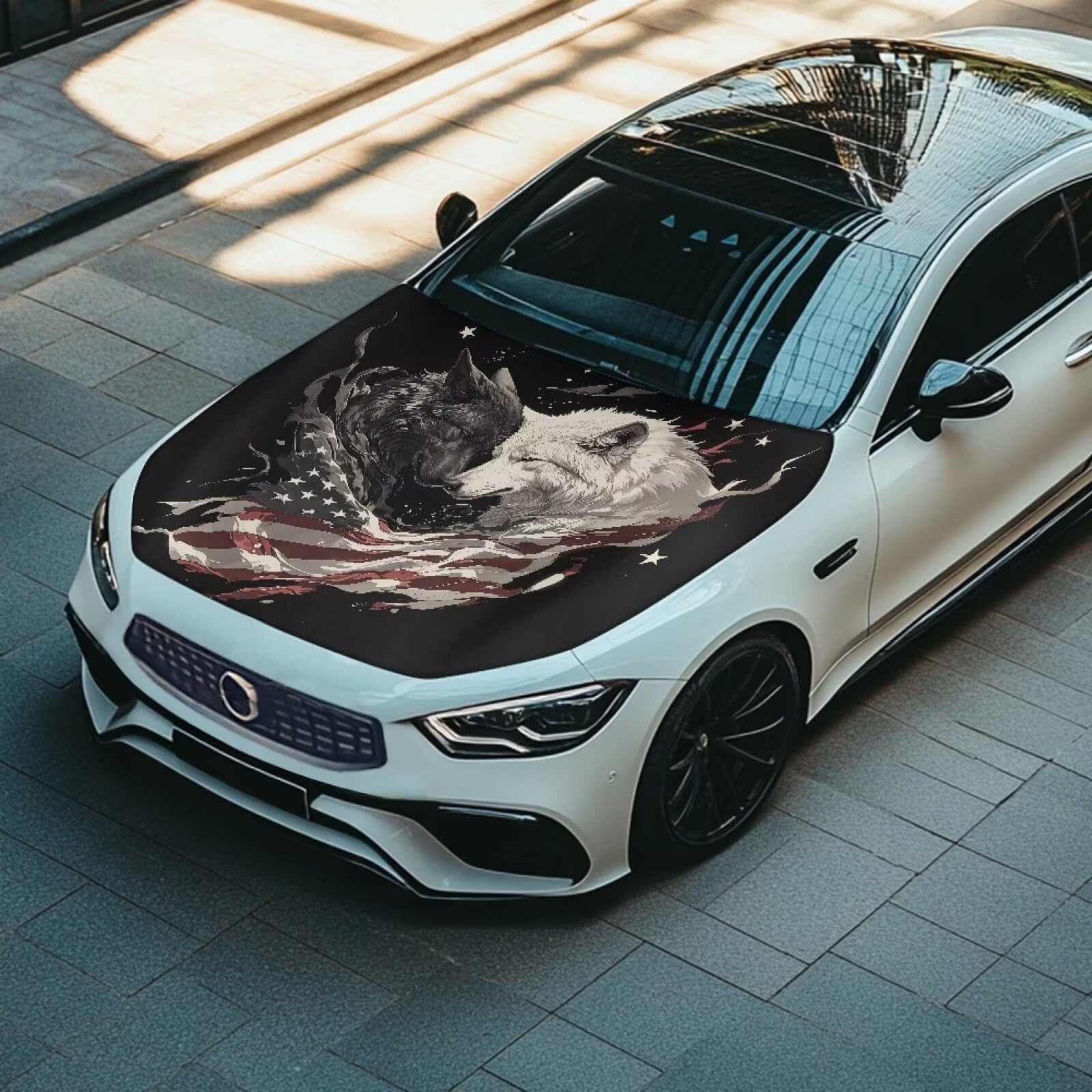 Cool Wolf American Flag Car Hood Cover Protector 59  39 Inch Auto Hood Wrap Blankets Stretchable Waterproof Sun Proof Auto Patri