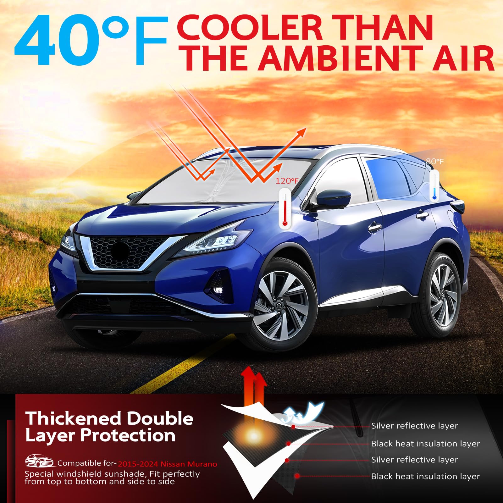 Kayzt Windshield Sun Shade For 2015-2024 Nissan Murano Foldable Sunshade Front Window Custom Fit Car Accessories