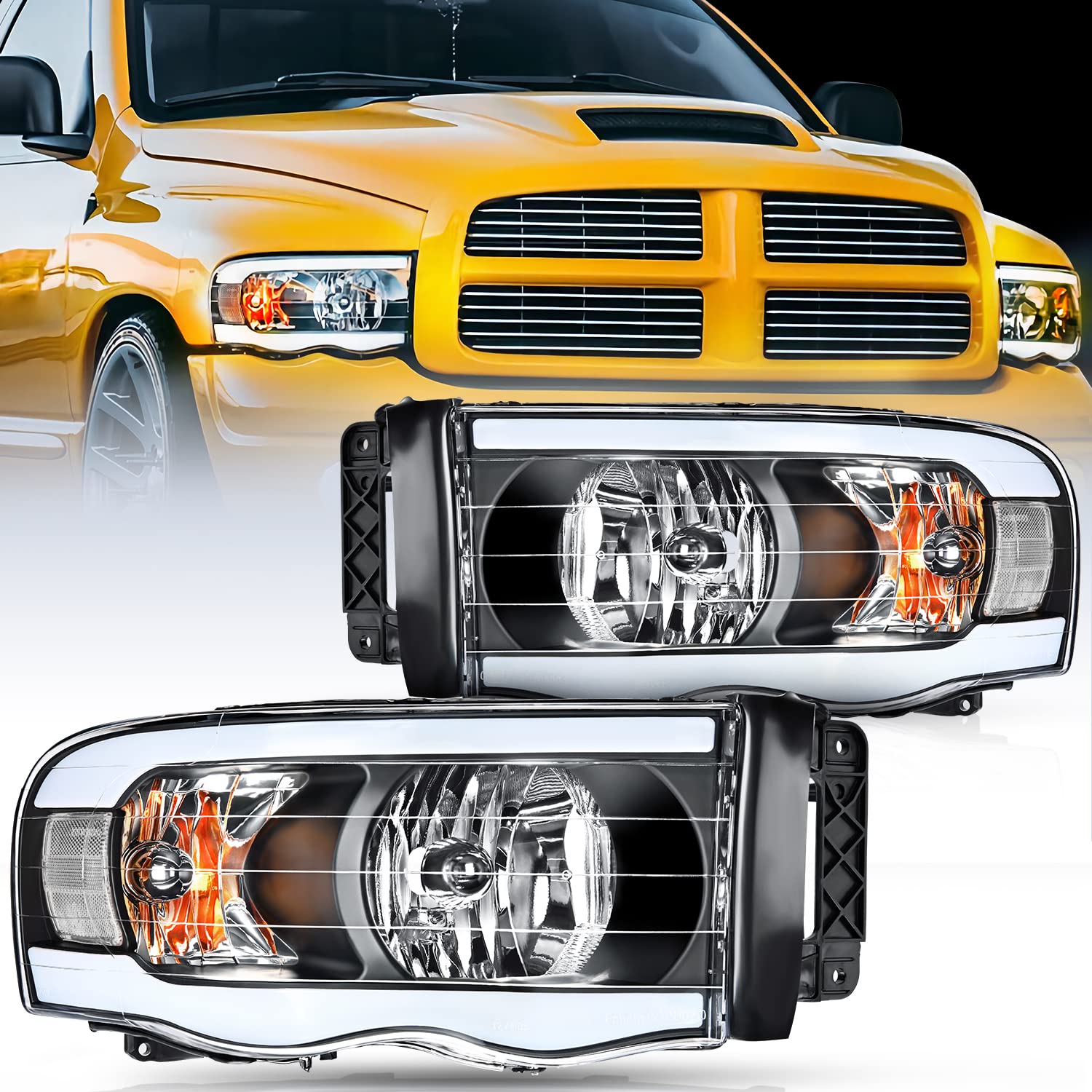 Nilight Headlights Assembly Led Drl For 2002-2005 Dodge Ram 1500/03 04 05 Dodge Ram 2500 3500 Headlamp,Black Housing+ Clear Refl