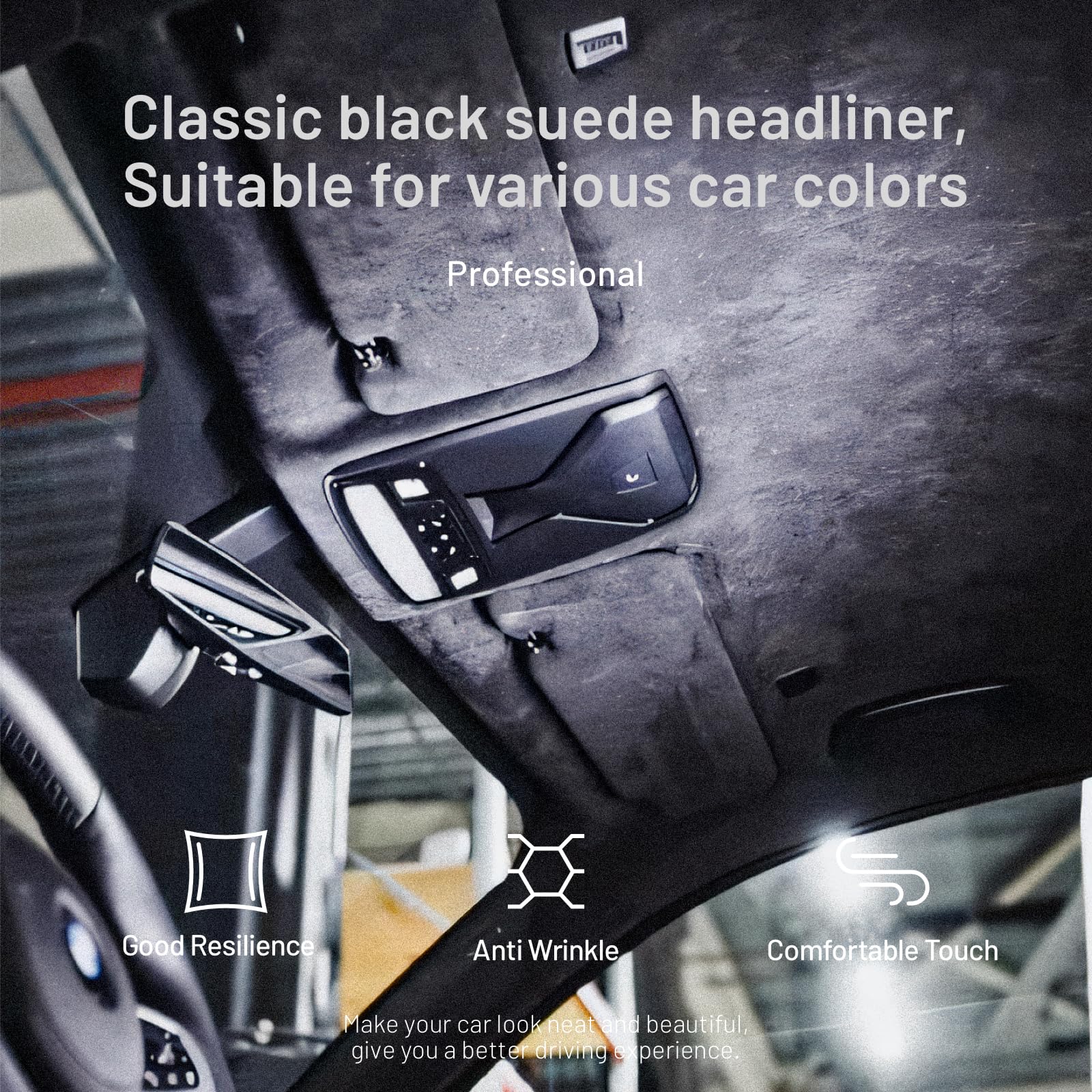 Hiksuky Suede Auto Headliner Fabric 96'' L    60'' W With Foam Backing - Black Interior Replacement Material For Car/Truck/Suv/R