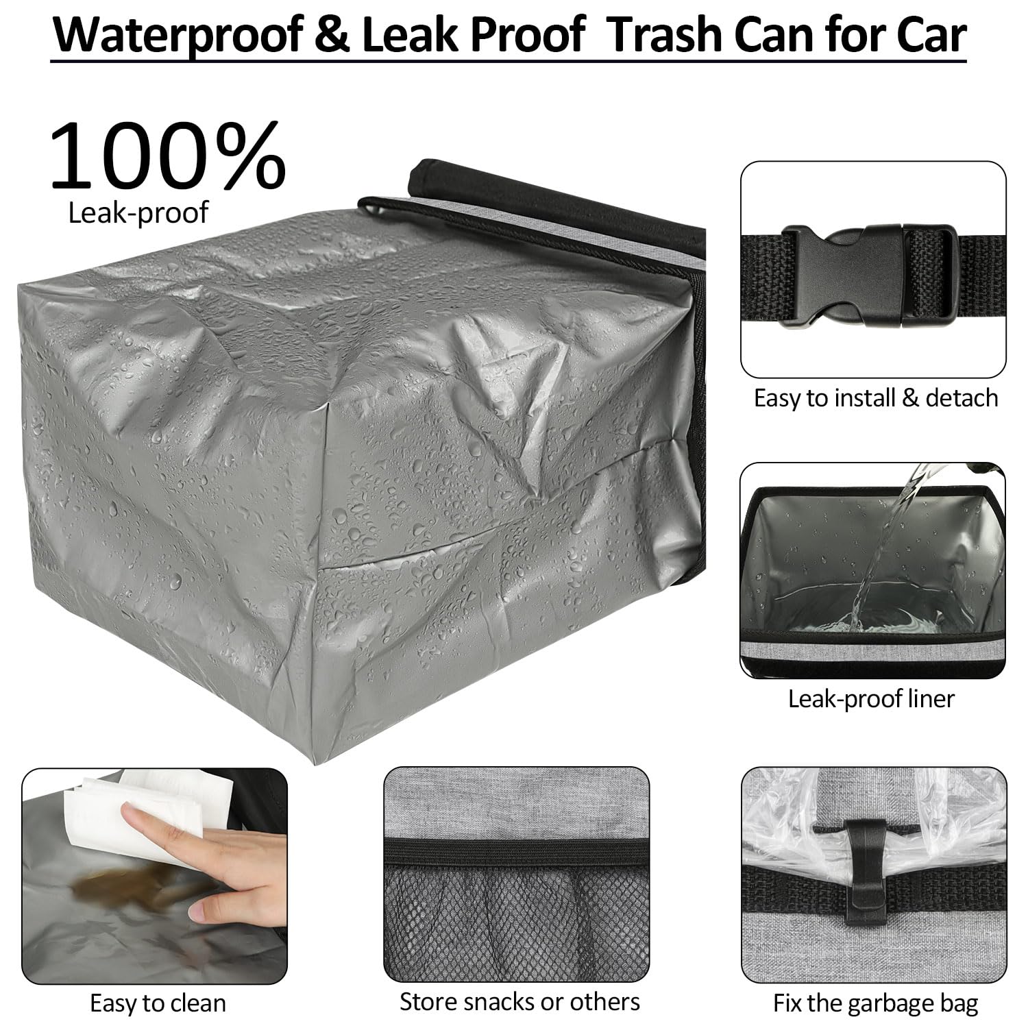 Elongriver Car Trash Can Bin For Back Seat Leak Proof, Cute Trash Bag Hanging, For Suv Truck Van, Automotive Vehicle Garbage Cans Front Seat Grey