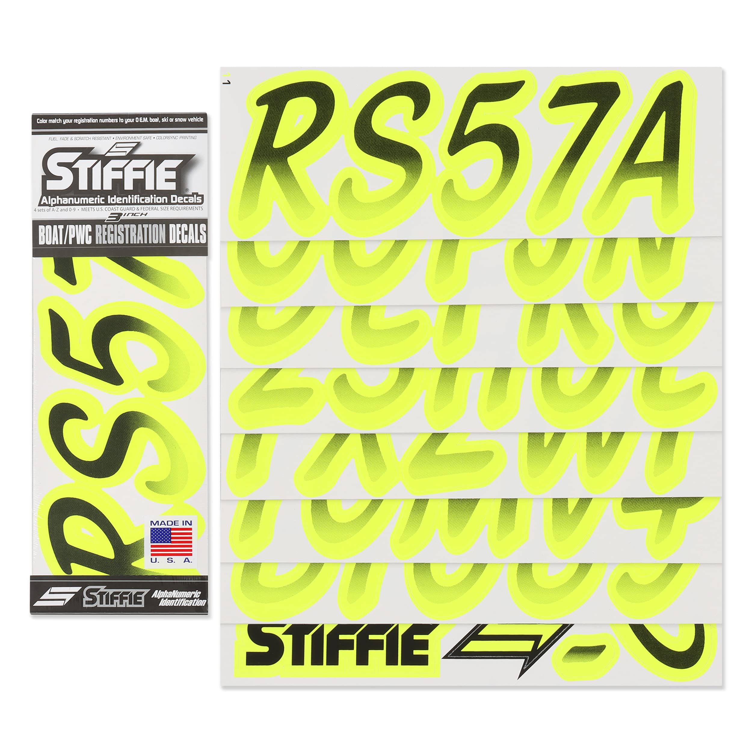 STIFFIE Whipline Black/Day Glow Yellow 3'' Boat & PWC Registration Decals  Numbers Letters Stickers