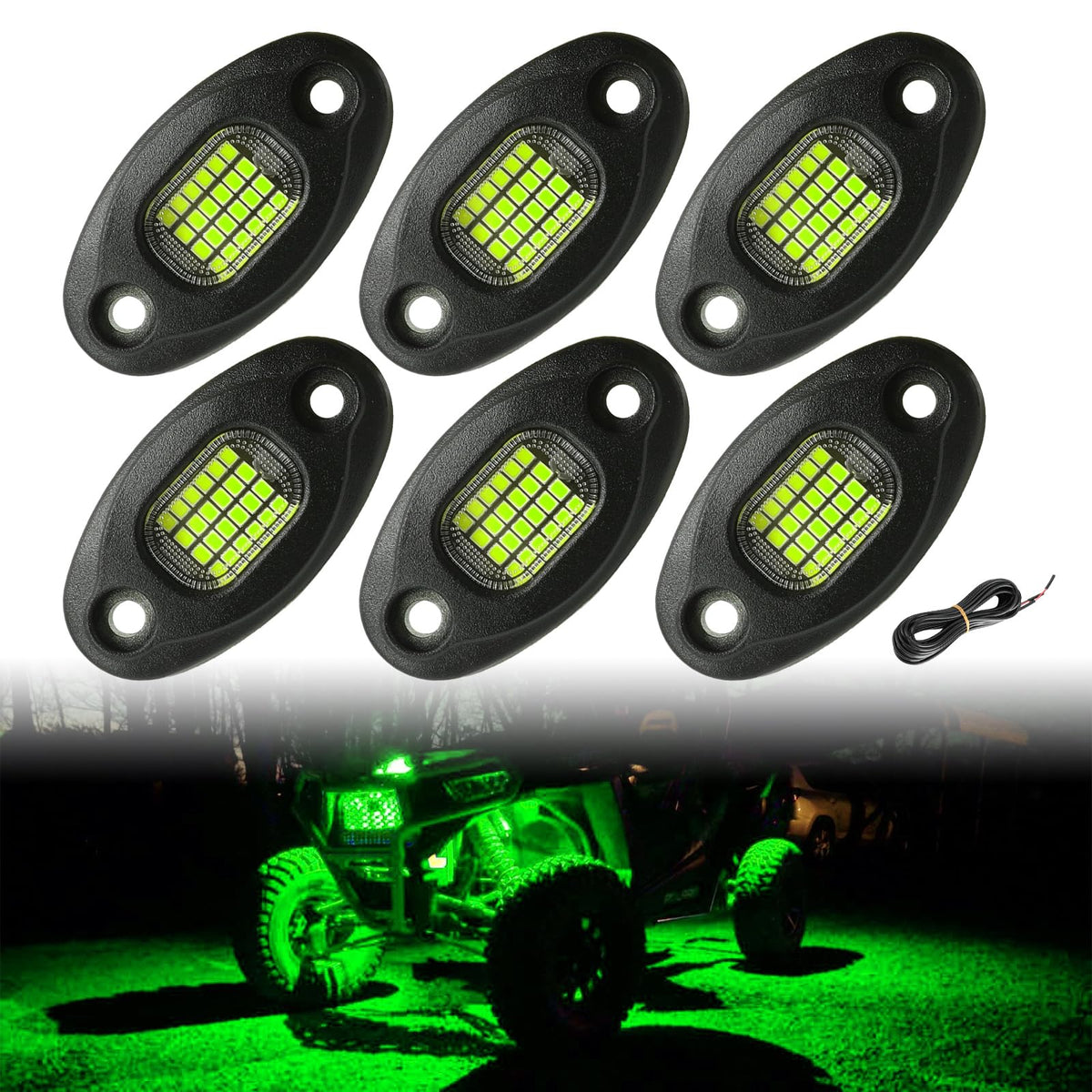 SUNPIE 6 Pods Green Rock Lights 24 Aluminium Metal UnderGlow Light with 32.8Ft Extension Wires, IP67 Waterproof Fender Lighting 