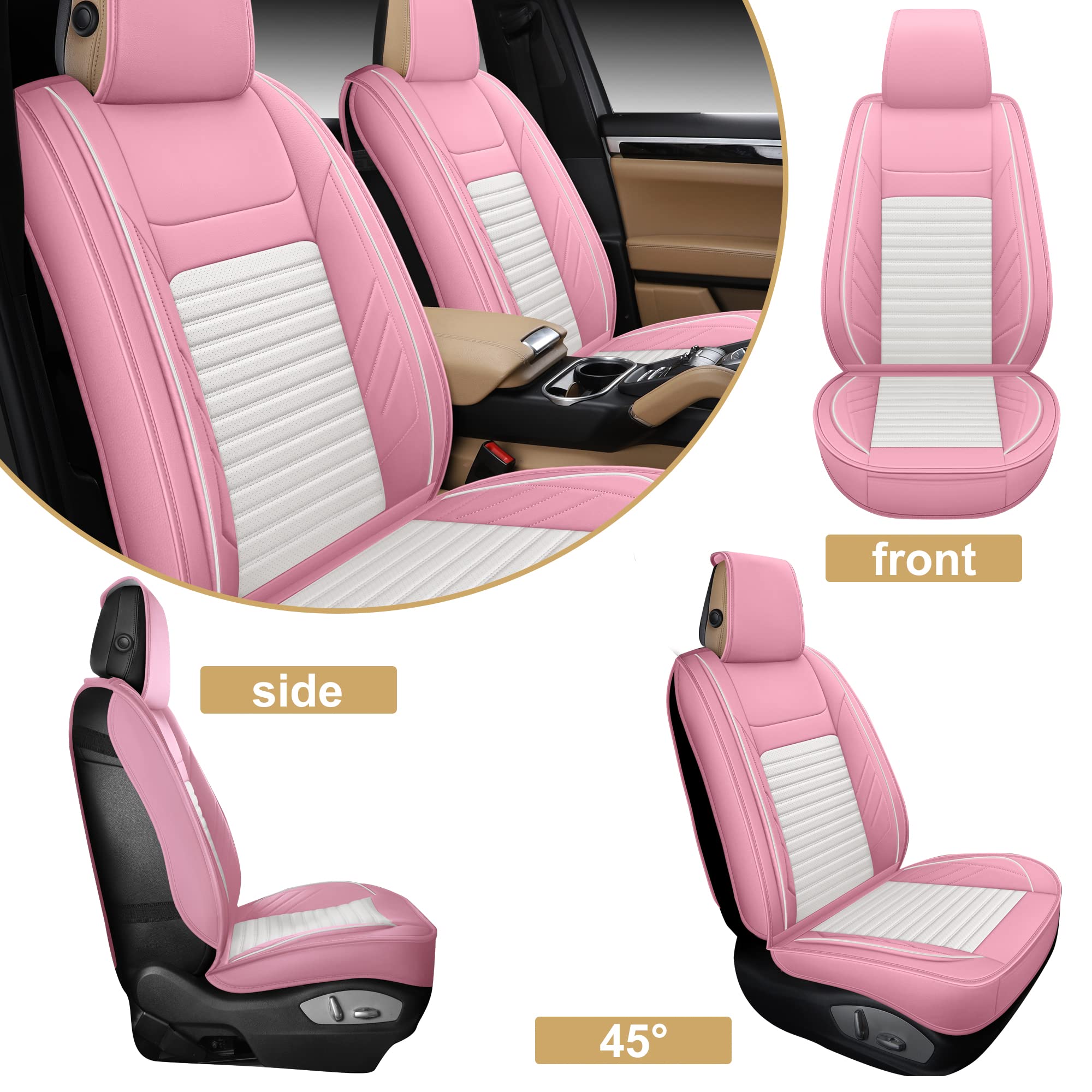 Aoog Pink Leather Car Seat Covers, Leatherette Automotive Seat Cover For Cars Suv Pick-Up Truck, Universal Non-Slip Car Seat Cover Waterproof Protectors Interior Accessories, Front Pair