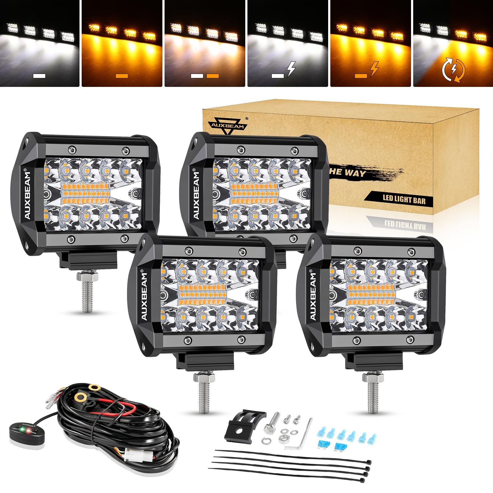 Auxbeam Led Light Bar 4Pcs 4 ' ' Inch White/Amber Yellow Led Pods