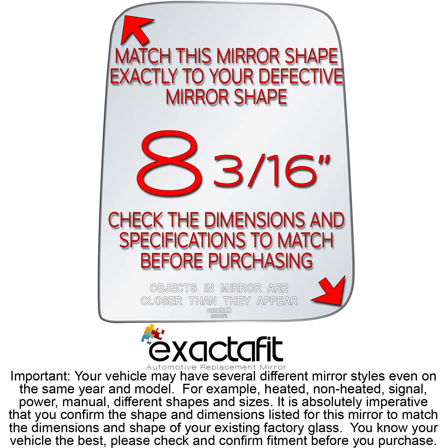 Exactafit 8100R Passenger Side Mirror Glass Replacement Repair Compatible With 1987-2002 Jeep Wrangler, 1997-2002 Jeep Tj