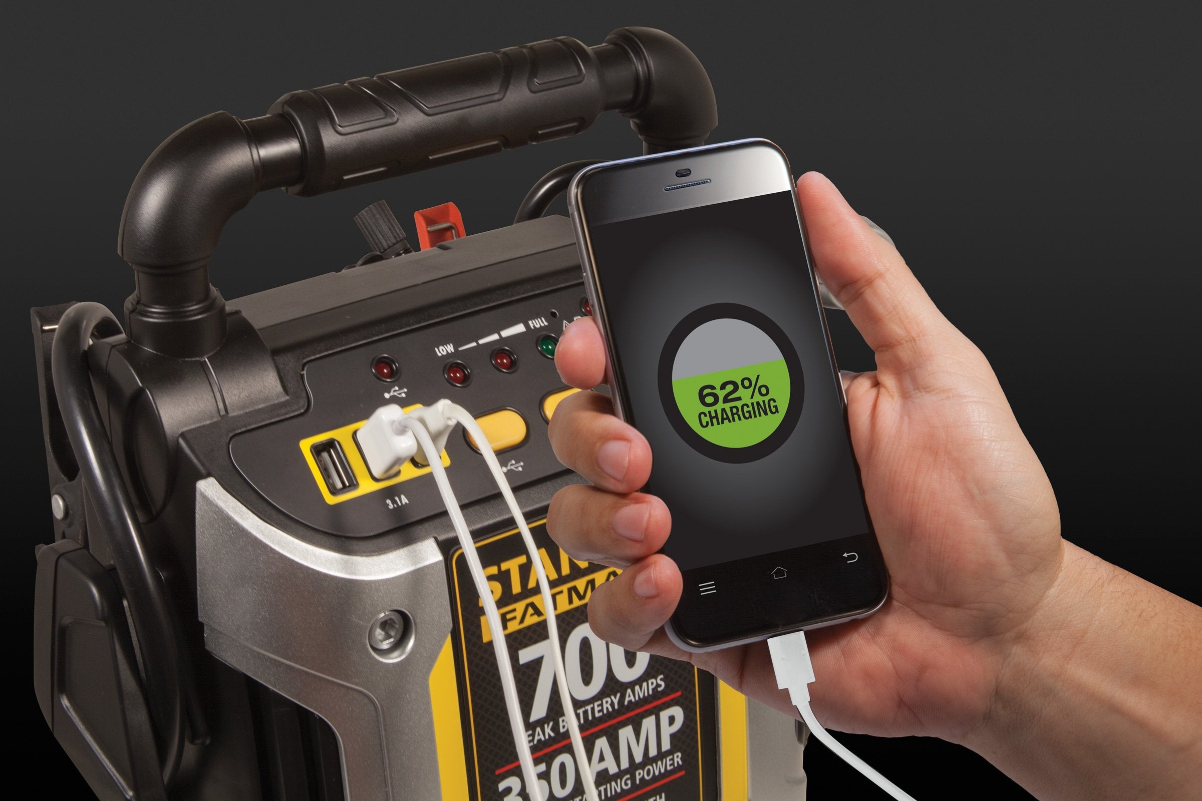 700 Peak Amp Automotive Jump Starter, Portable Power - Triple 15W Usb Ports, 120 Psi Air Compressor