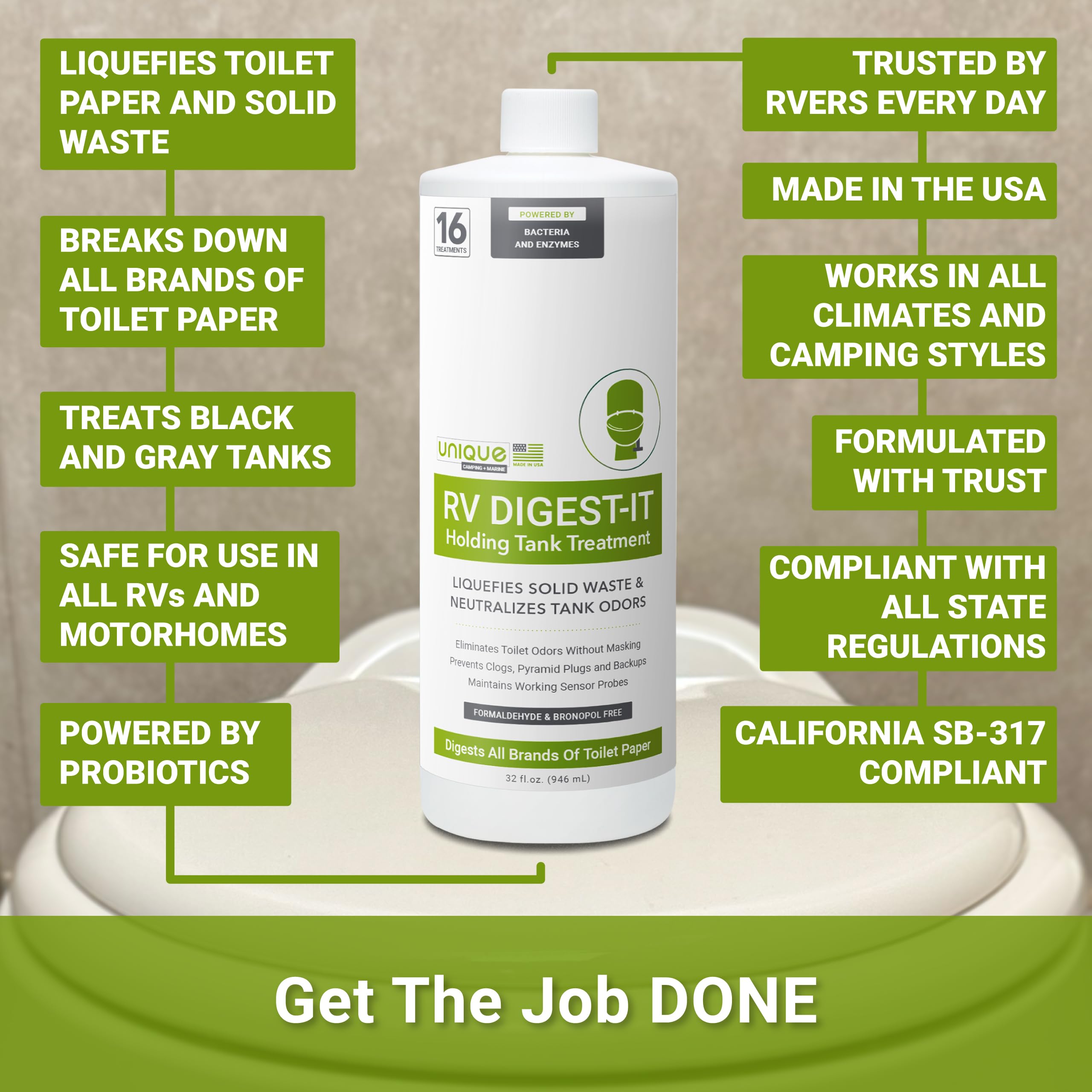 Unique Rv Digest-It Black Water Tank Treatment - Concentrated Liquid Rv Toilet Treatment - Eliminates Odor, Liquifies Waste, Pre