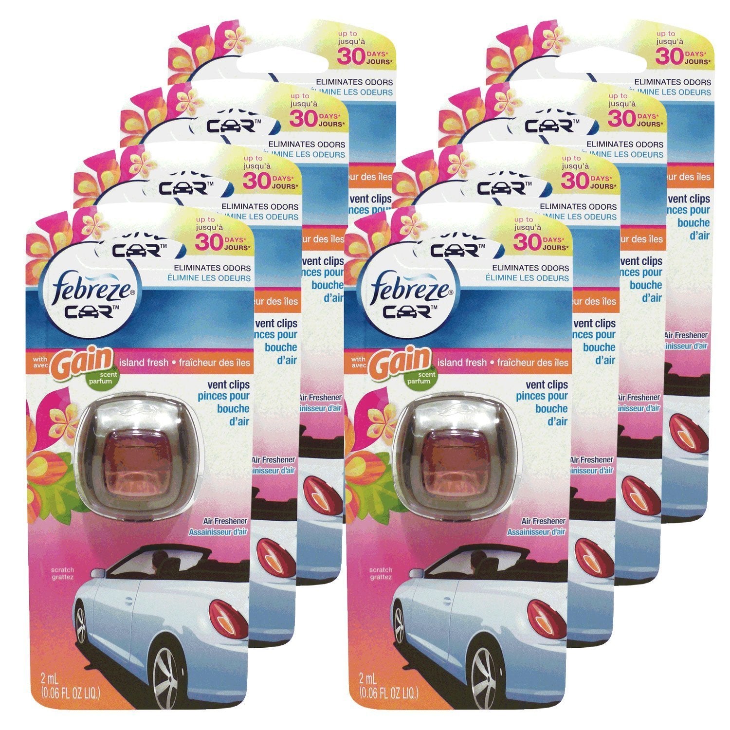 Febreze Car Vent Clips Air Freshener & Odor Eliminator, Gain Island Fresh Scent - 8Piece, Multicolor