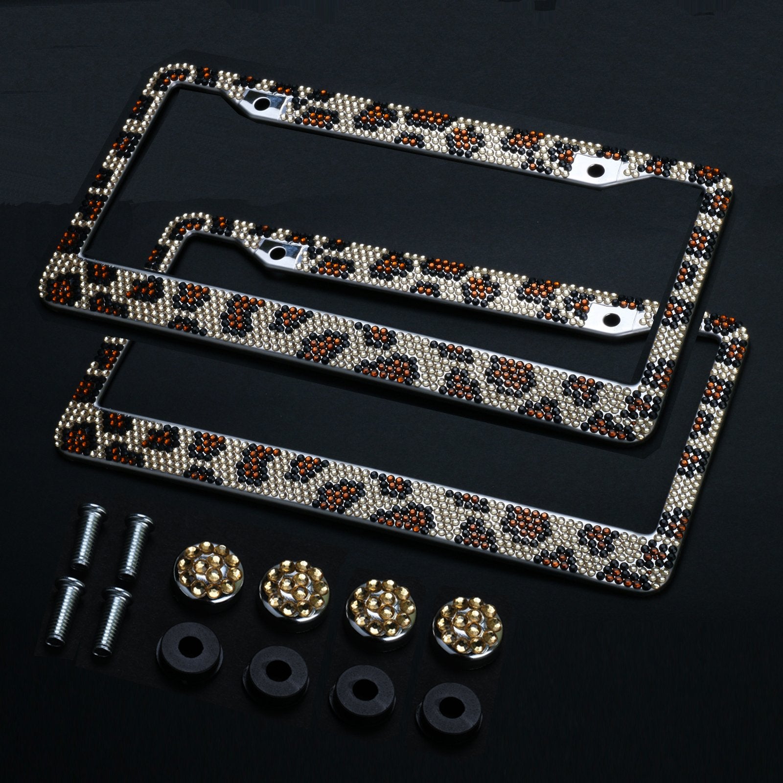 2Pcs Auto Leopard License Plate Frame,Leopard Bling License Plate Frame, Rhinestone Leopard Car Accessories For Women
