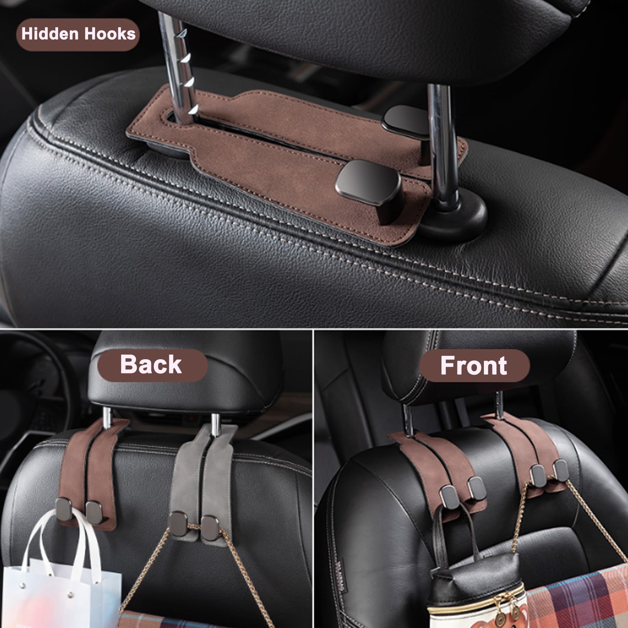 Amelity Car Hooks For Headrest, Car Seat Back Storage Hook For Headrest, Headrest Hooks For Purses And Bags, Car Hooks Leather (