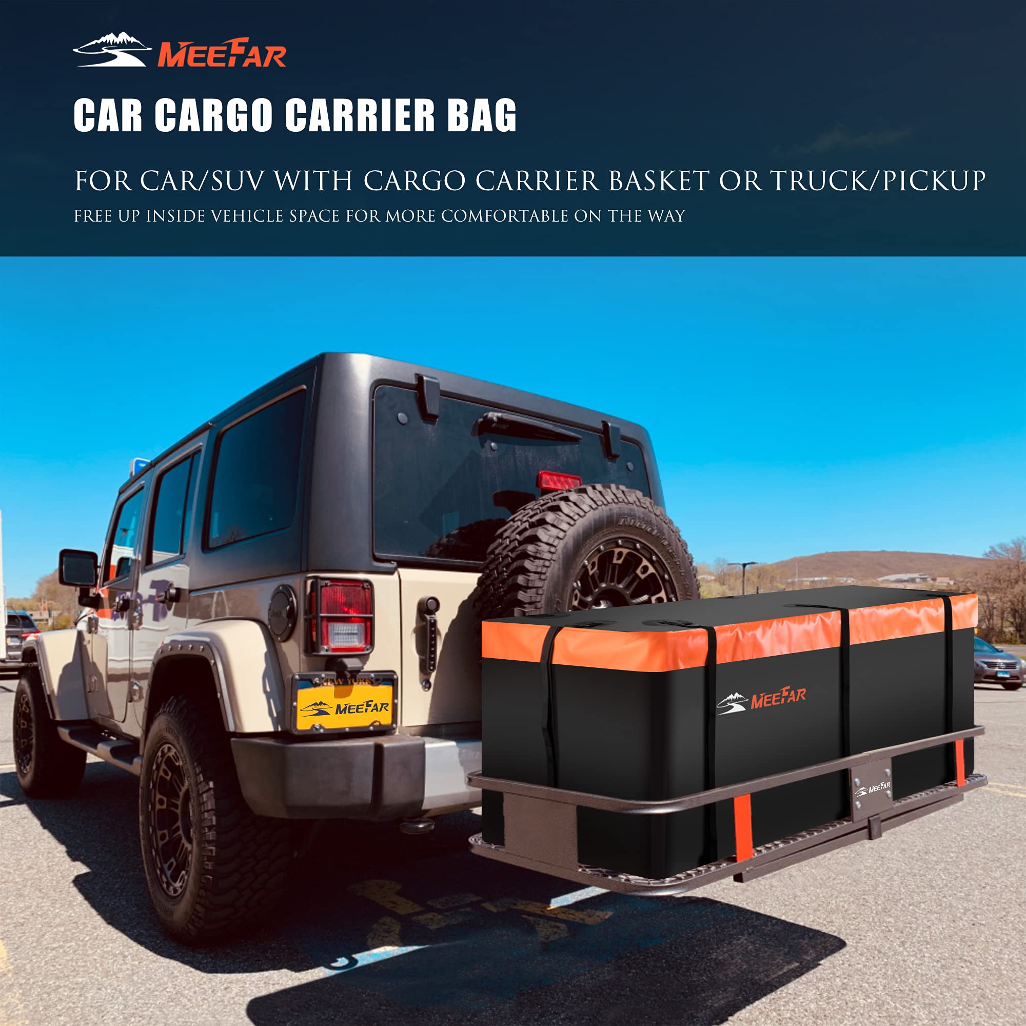 Meefar Hitch Mount Cargo Carrier Bag Soft Shell 100% Waterproof 15 Cubic Feet (58' 19' 24') Include 8 Reinforced Straps For Truck Pickup All Vehicle With Steel Cargo Basket