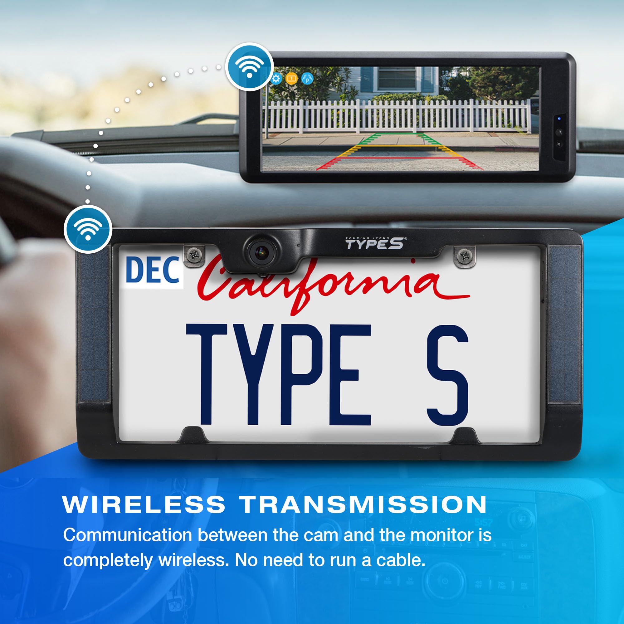 Type S | Vehicle Wireless Backup Camera License Plate Frame, Extra Long Battery Life With Solar Powered Charging, Waterproof, Po