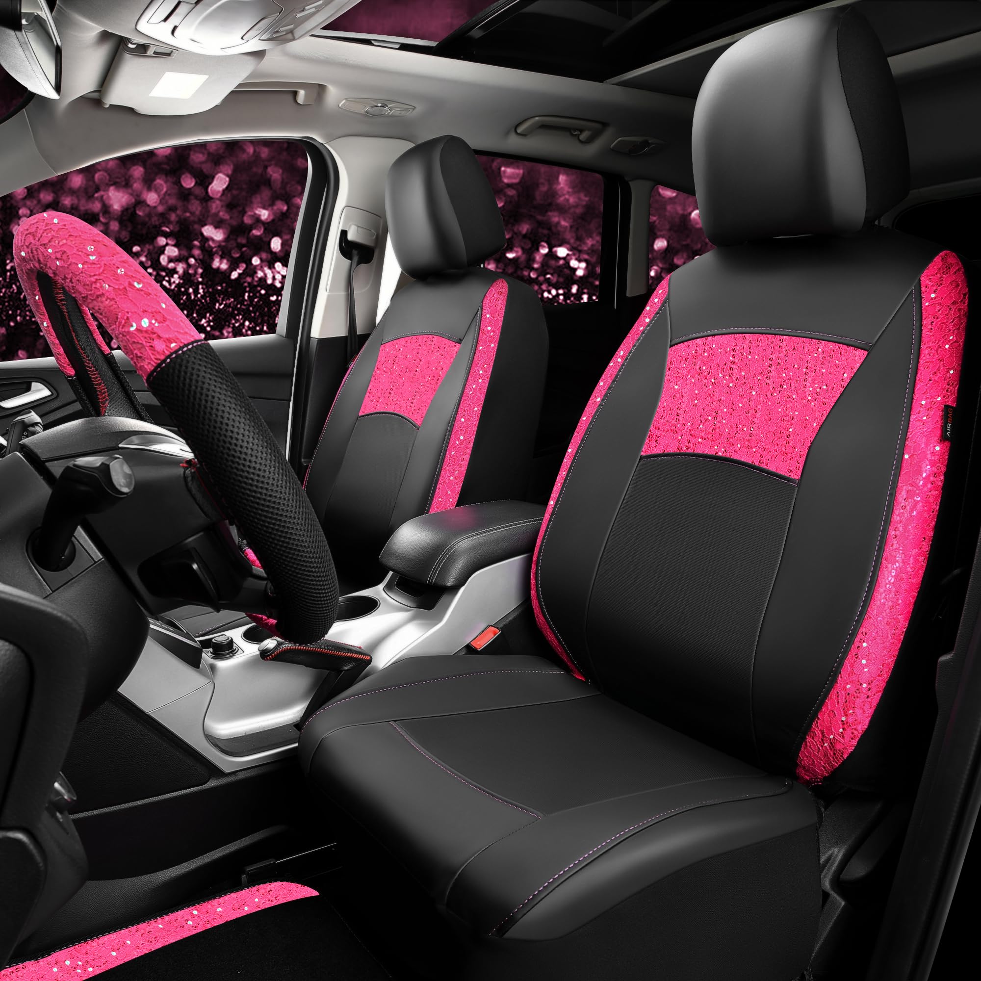 Car Pass Universal Leather Pink Lace Car Seat Covers Full Set For Women Girls, Waterproof Car Floor Mats Carpet, Steering Wheel
