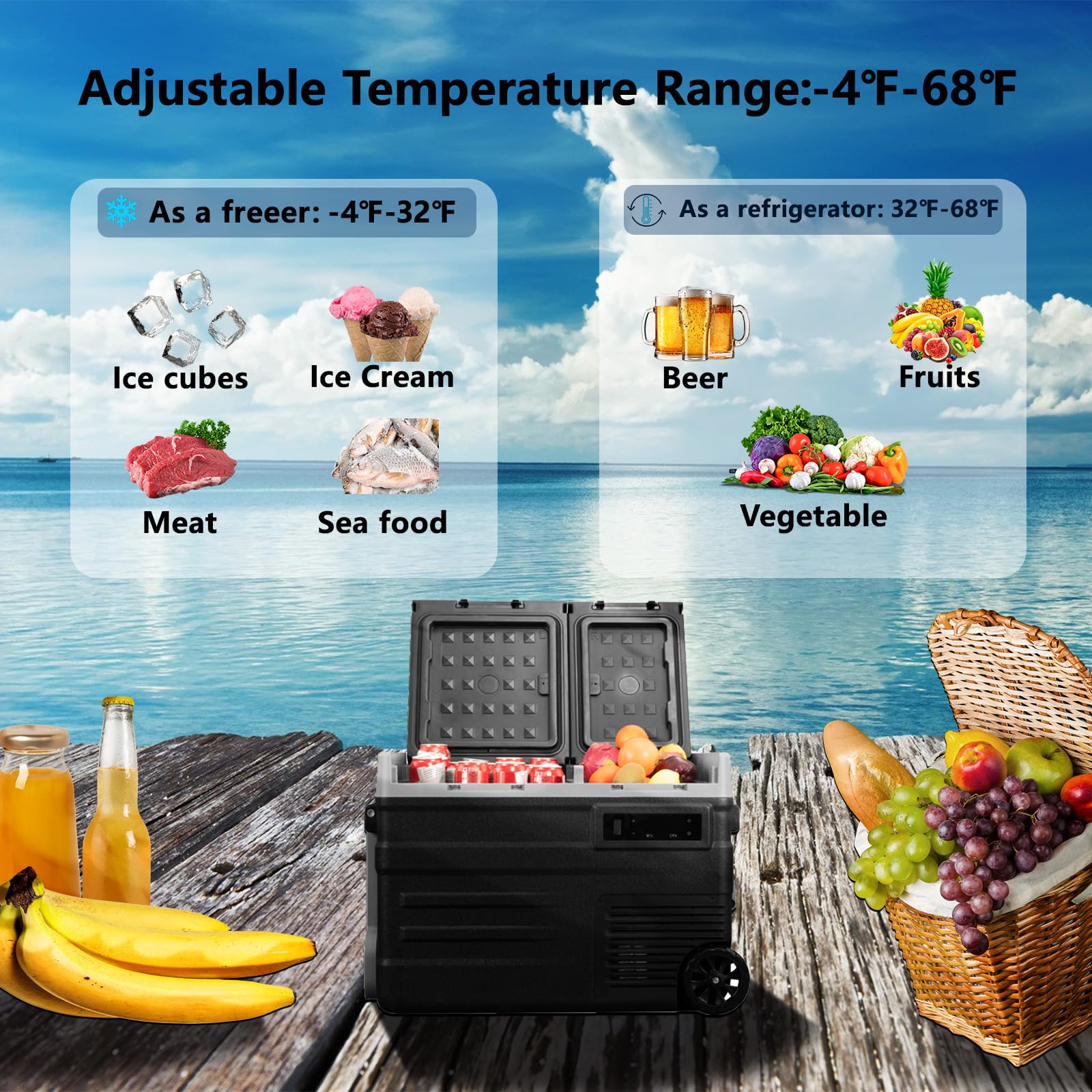 Alpicool Ud65 Portable Wheeled Car Freezer With Dual Compartments,12 Volt Car Refrigerator, 60 Quart Fast Cooling Fridge, With 1