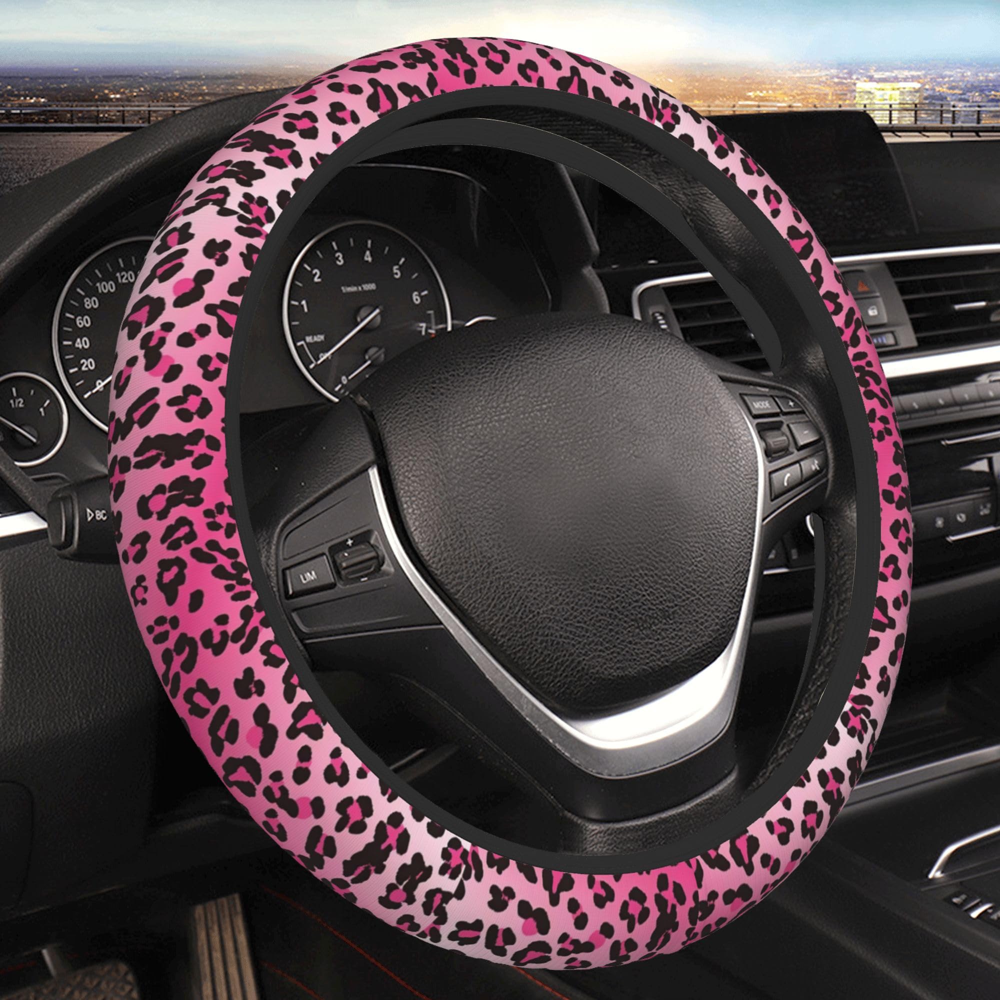 Pink Steering Wheel Cover for Women, Leopard Pattern Steering Wheel Cover Protector Non Slip Breathable Universal 15 Inch Cute C