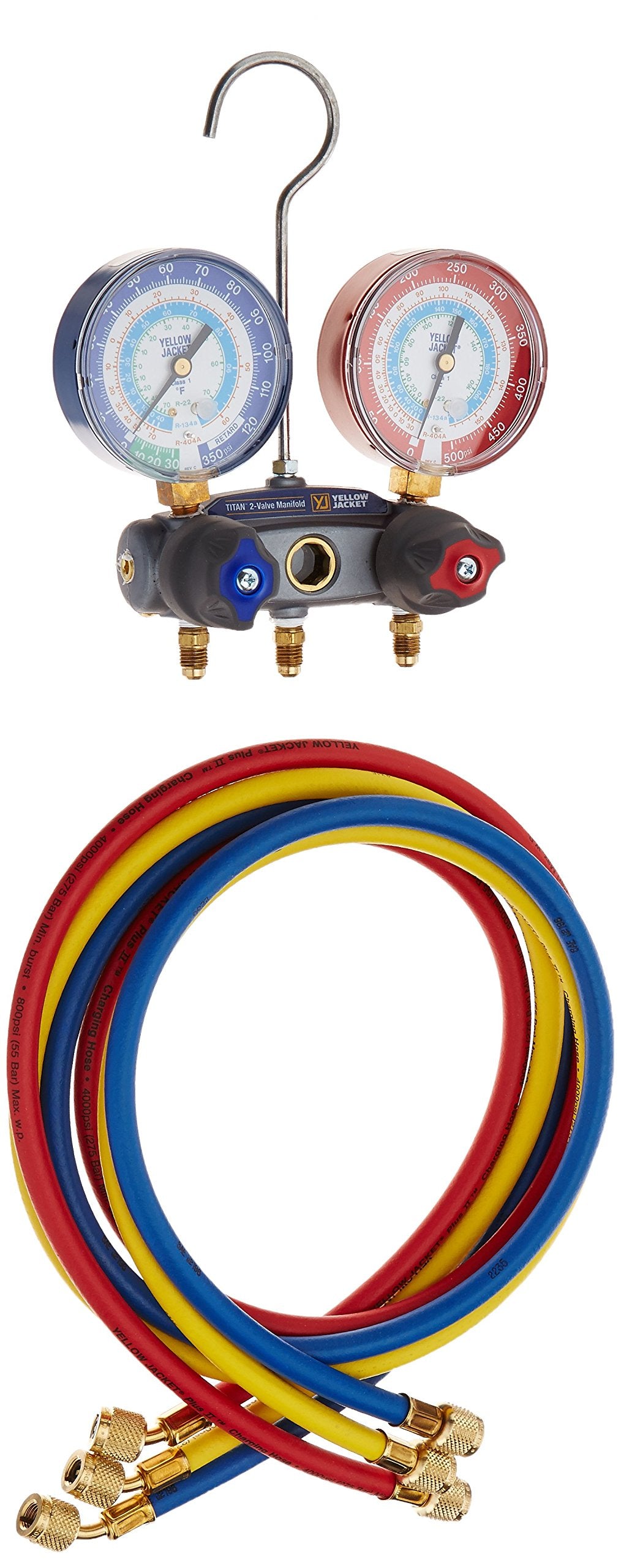 Yellow Jacket 49887 Titan 2-Valve Test and Charging Manifold Degrees F, psi Scale, R-22/134A/404A Refrigerant, Red/Blue Gauges