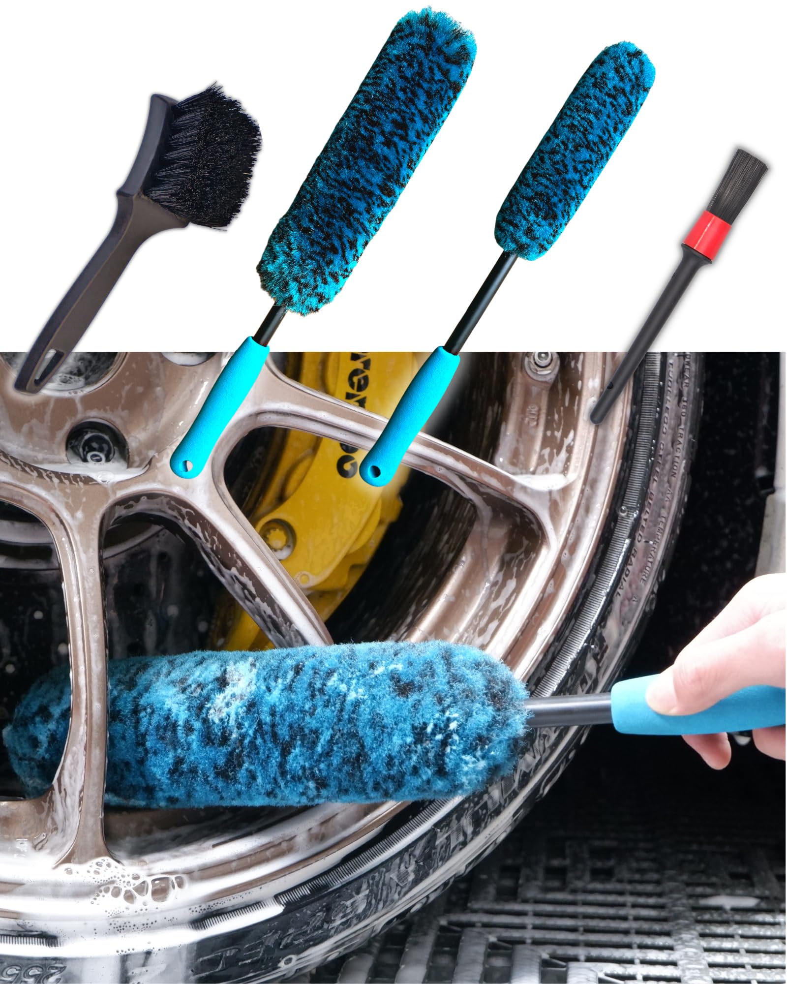 oesee PRO Choice 4 Pack Long Handle Wheel Brush Kit for Cleaning Wheel and Tire- 2X Soft Wheel Cleaning Brush, Detailing Brush a