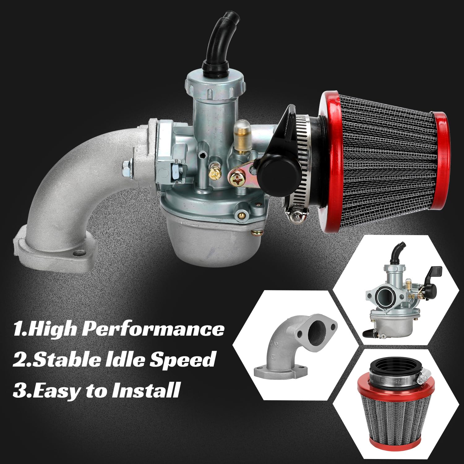 YOXUFA Carburetor PZ22 for 110cc 125cc ATV Pit Bike - 22mm Throttle Cable Grip, Red
