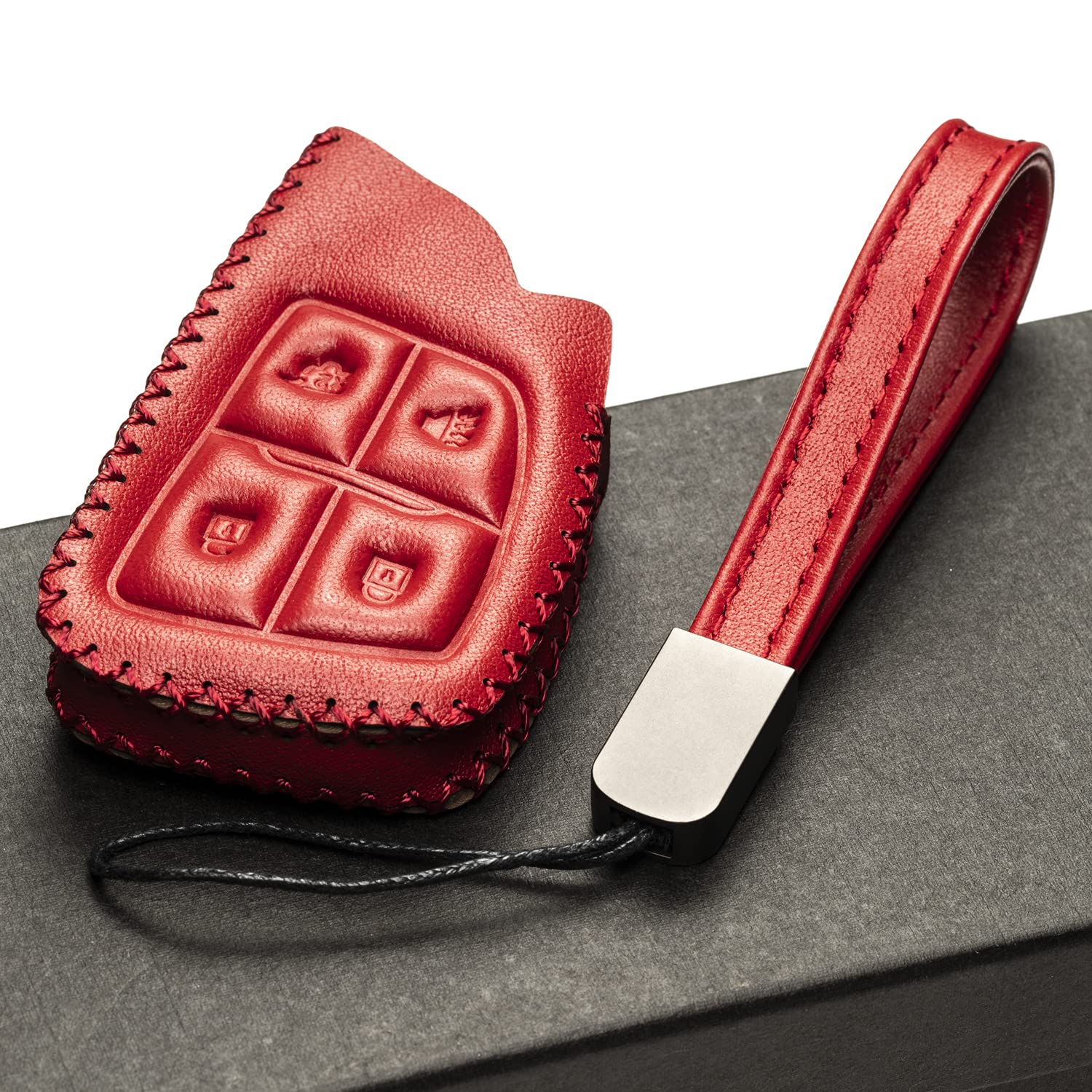 Vitodeco Genuine Leather Smart Key Fob Case With Leather Key Strap Compatible With Chevrolet Suburban 2024, Chevrolet Tahoe 2024, Chevrolet Silverado 2024 (4-Button, Red)