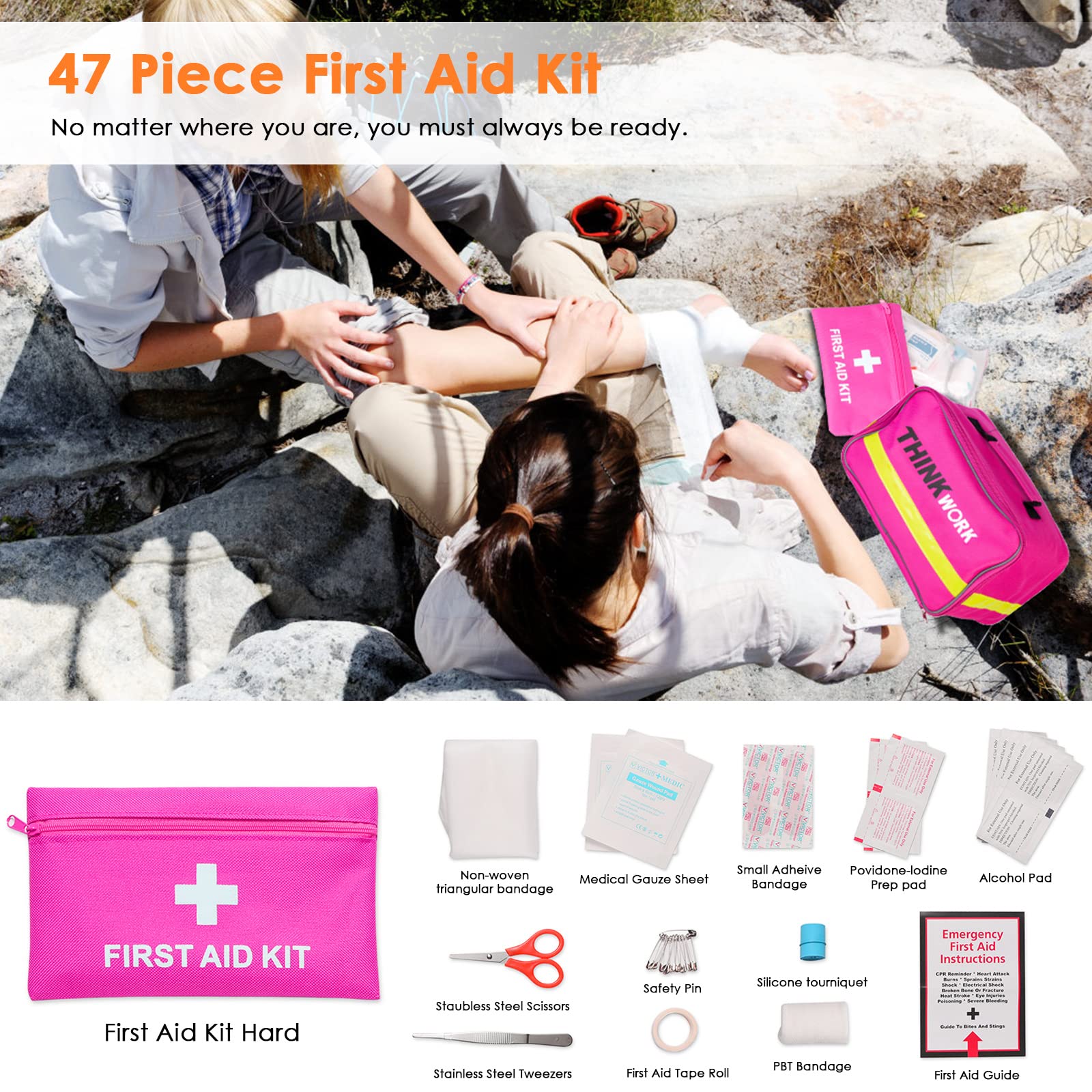 Thinkwork Car Emergency Kit For Teen Girl And Lady'S Gifts, Pink Emergency Roadside Assistance Kit With Pink Car Tool Set, 10Ft