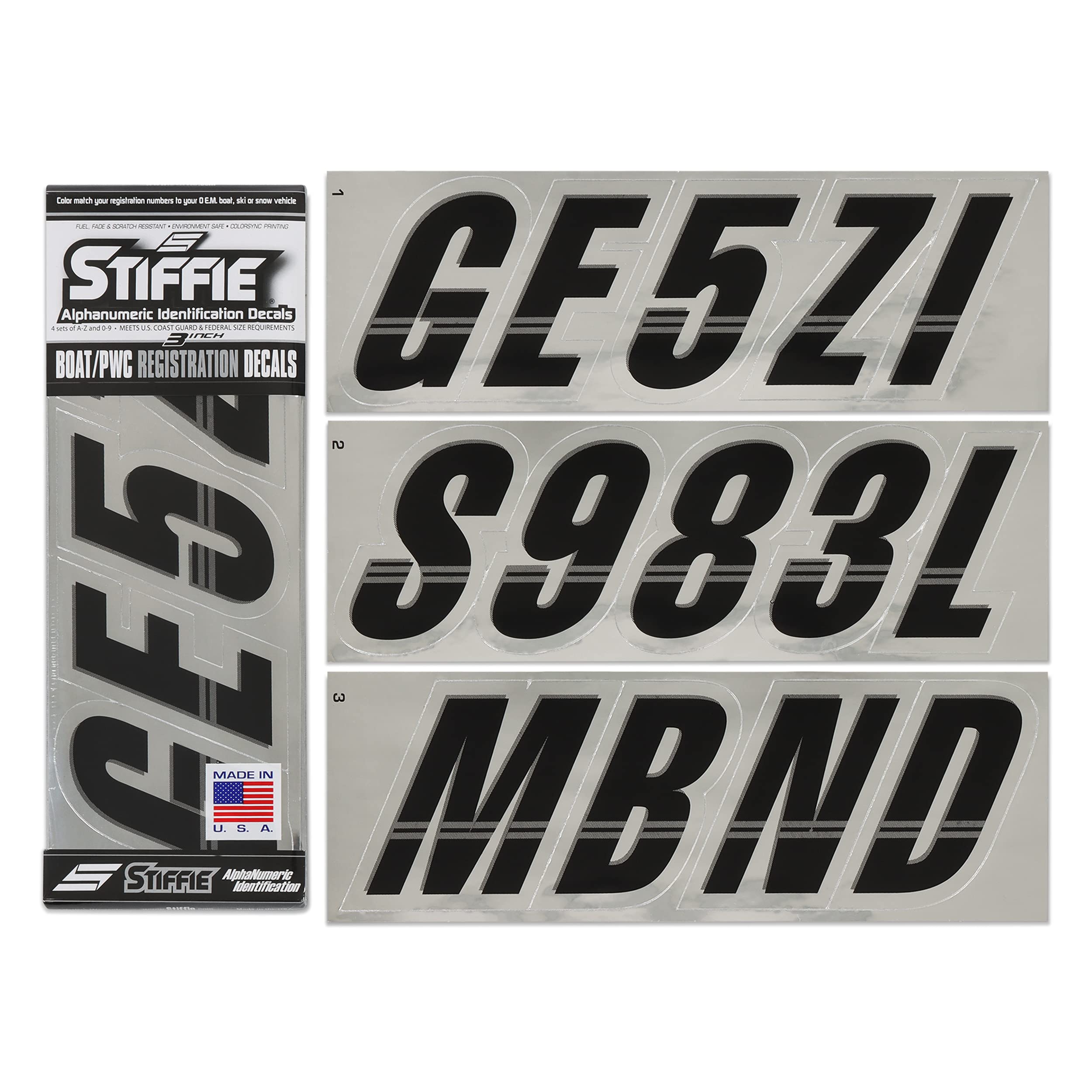 Stiffie Techtron Black/Chrome 3 '' Boat & Pwc Registration Decals  Numbers Letters Stickers