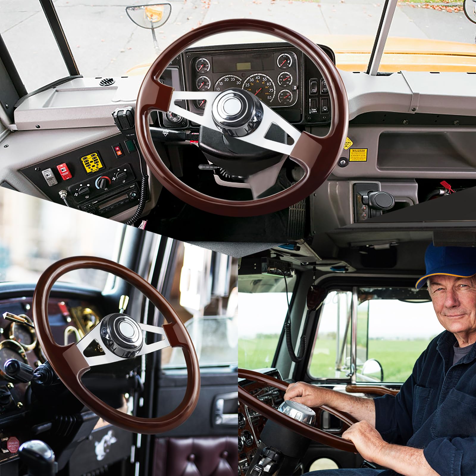 QYMOPAY 18'''' Solid Wood Truck Steering Wheel 2 Spoke Aluminum Chrome Plated for Semi-Trailers,Trucks for Kenworth,Peterbilt,Vo