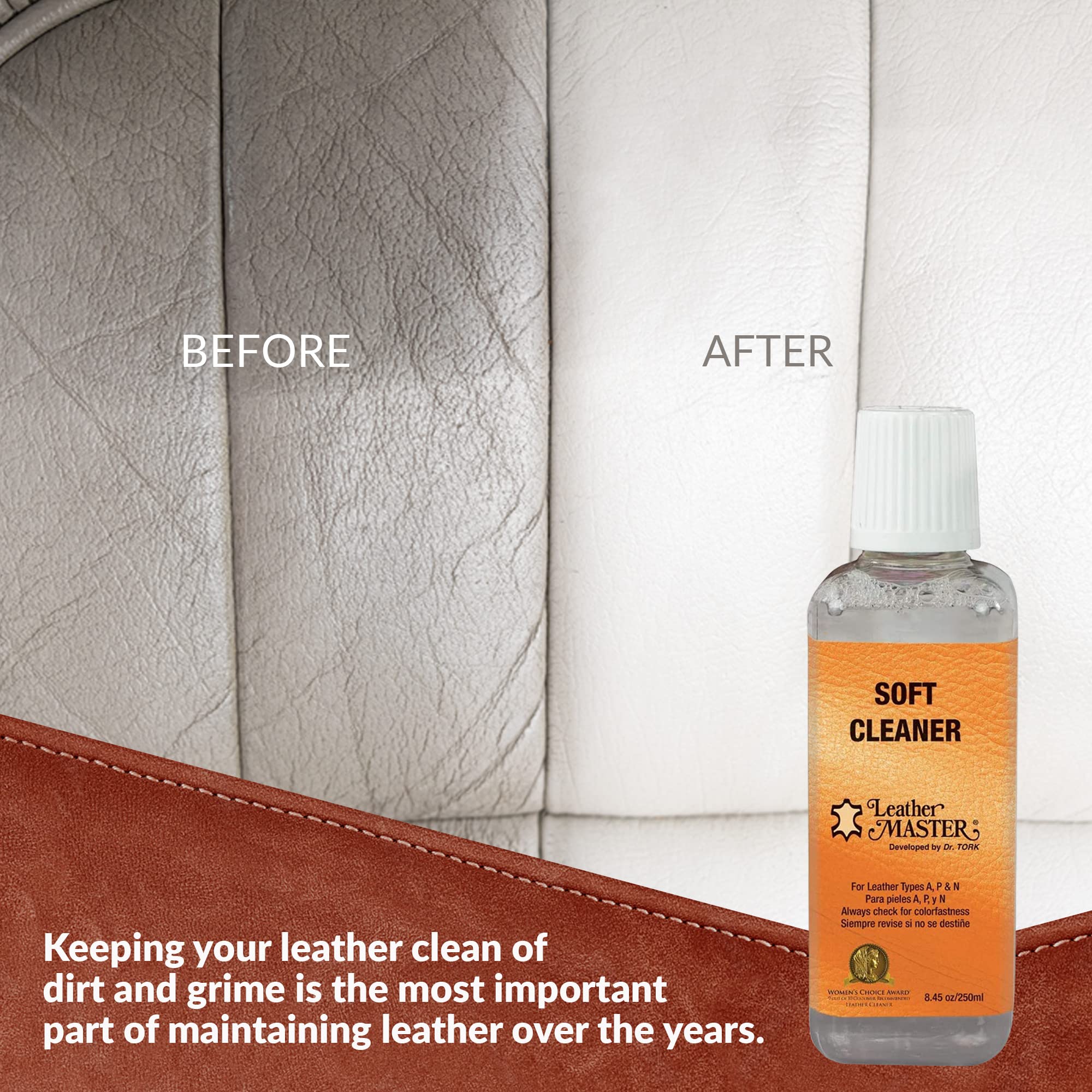 Leather Master Soft Leather Cleaner - Cleans & Removes Stains from Leather, Faux, Vinyl - Ideal for Car Seats, Couches, Shoes & More
