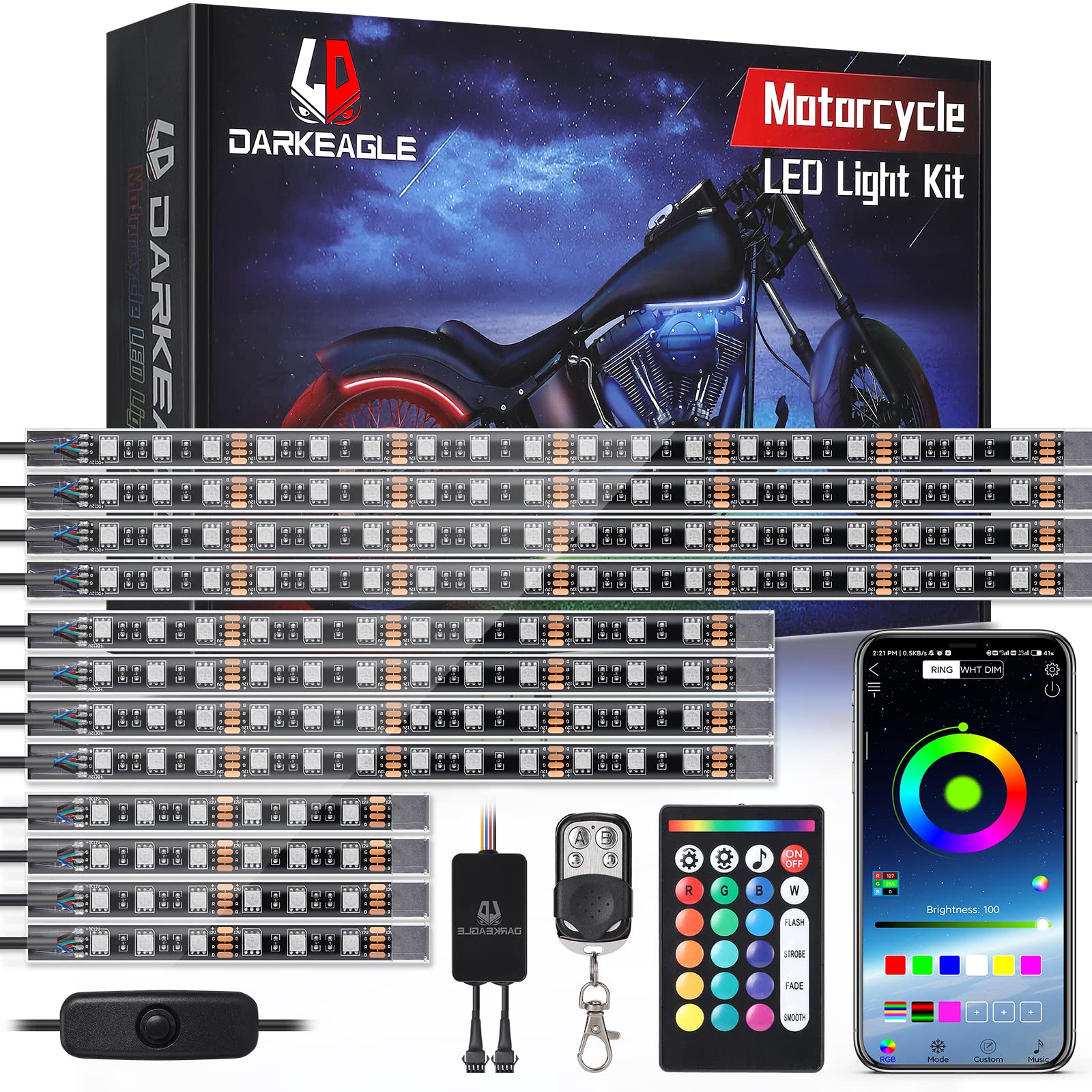 12Pcs Motorcycle LED Light Kit with Brake Light Turn Signal, Motorcycle Underglow Lights with APP/RF Remote Control, Dual Zone R