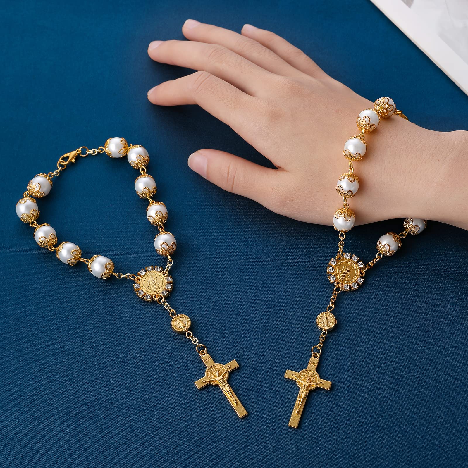 TIESOME 2 Pieces Car Rosary for Rearview Mirror, Rearview Mirror Auto Rosary Beads Car Medal and Cross Hanging Accessories for M