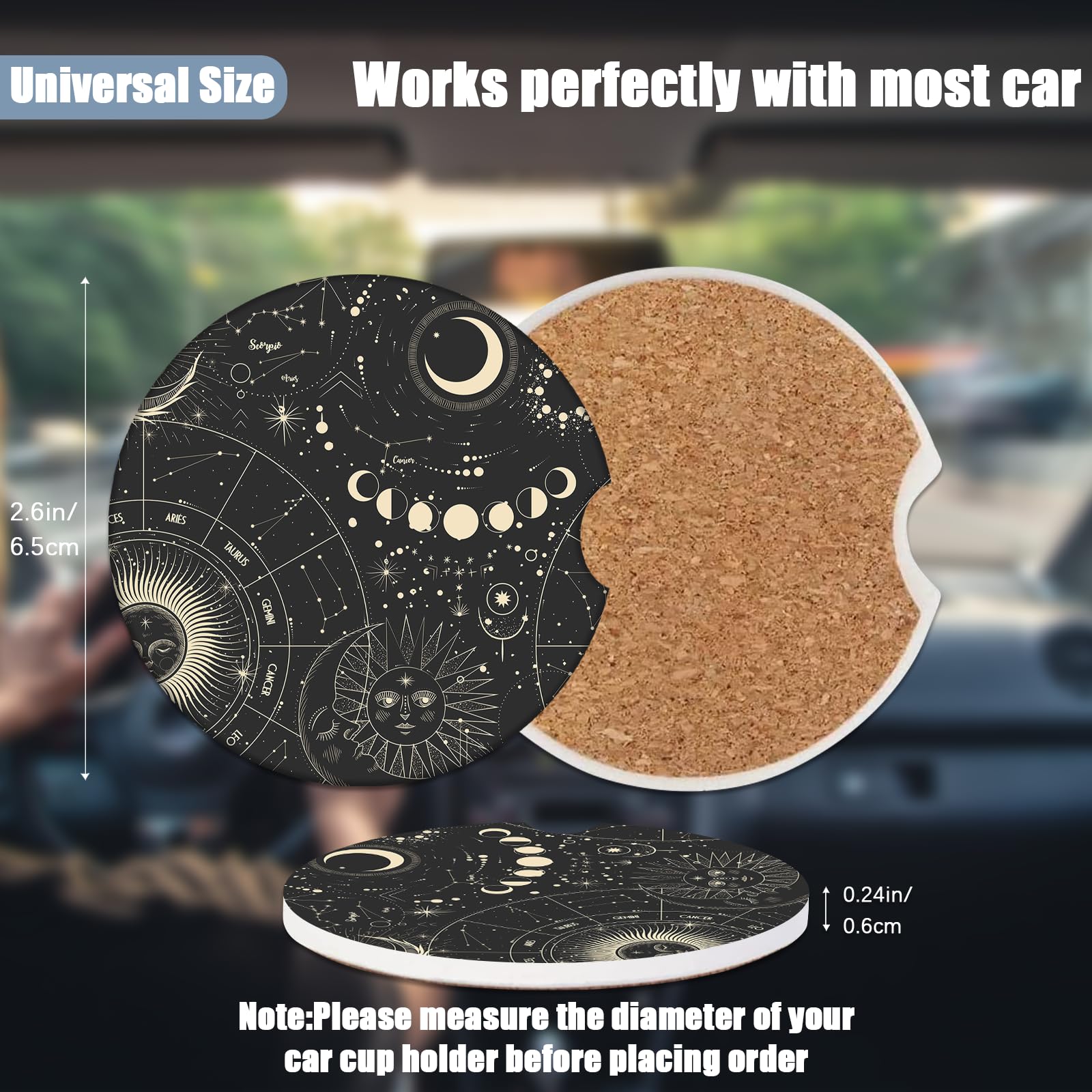 Car Cup Holder Coaster - Sun Moon Absorbent Ceramic Coaster, Car Coasters for Cup Holders, Auto Accessories for Women & Men, Pac