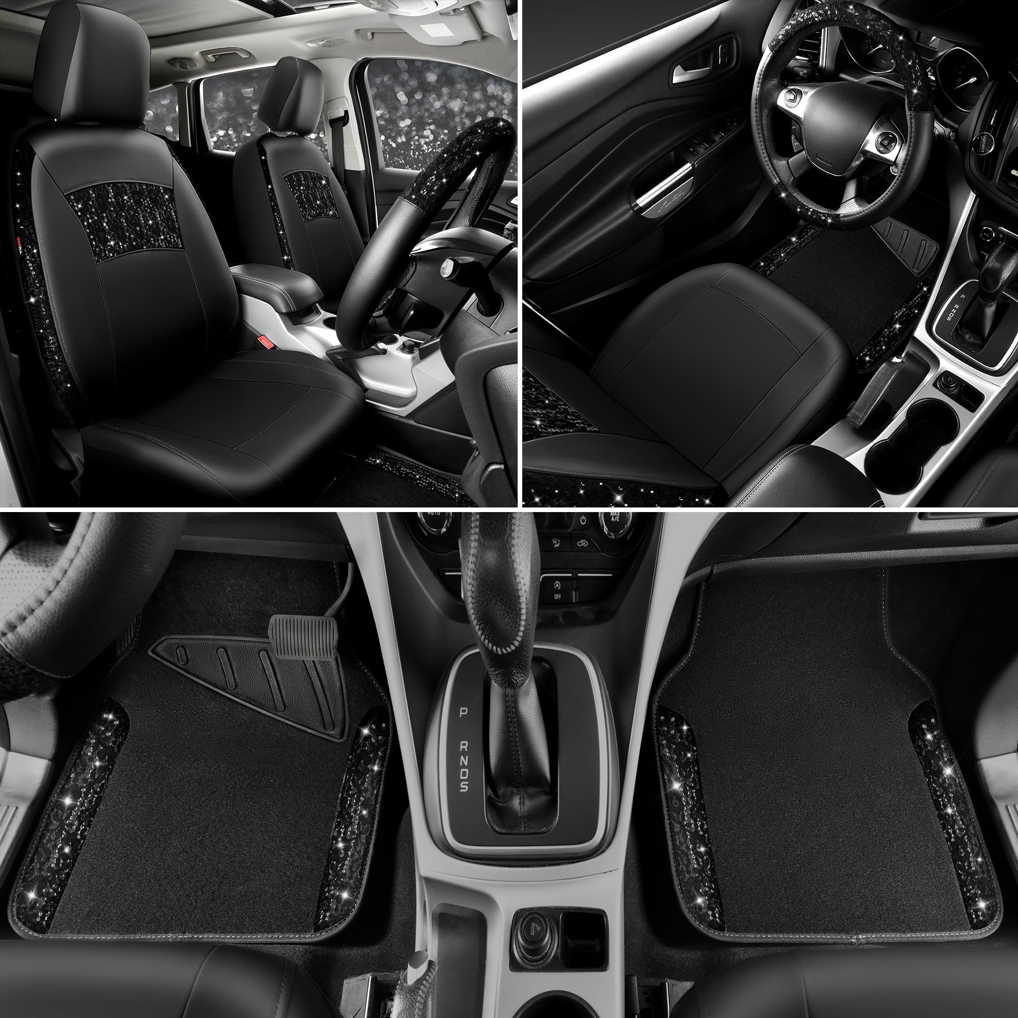 Car Pass Universal Black Leather Lace Car Seat Covers Full Set For Women Girls,Waterproof Car Floor Mats Carpet,Glitter Steering