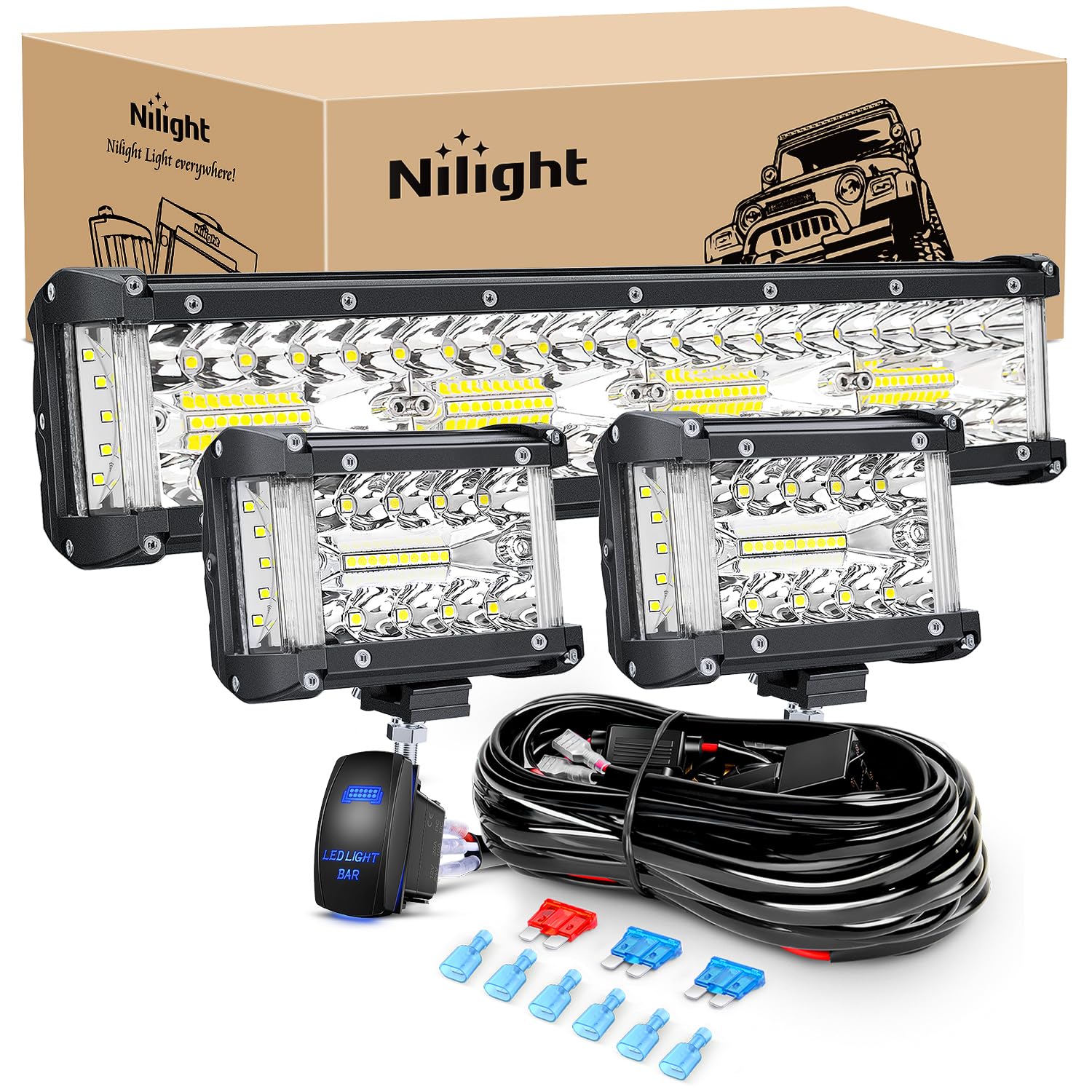 Nilight Side Shooter Led Light Bar Set 12 Inch Triple Row Spot Flood Combo Lights 2Pcs 4.3Inch Pods With 5Pin Rocker Switch Wiri