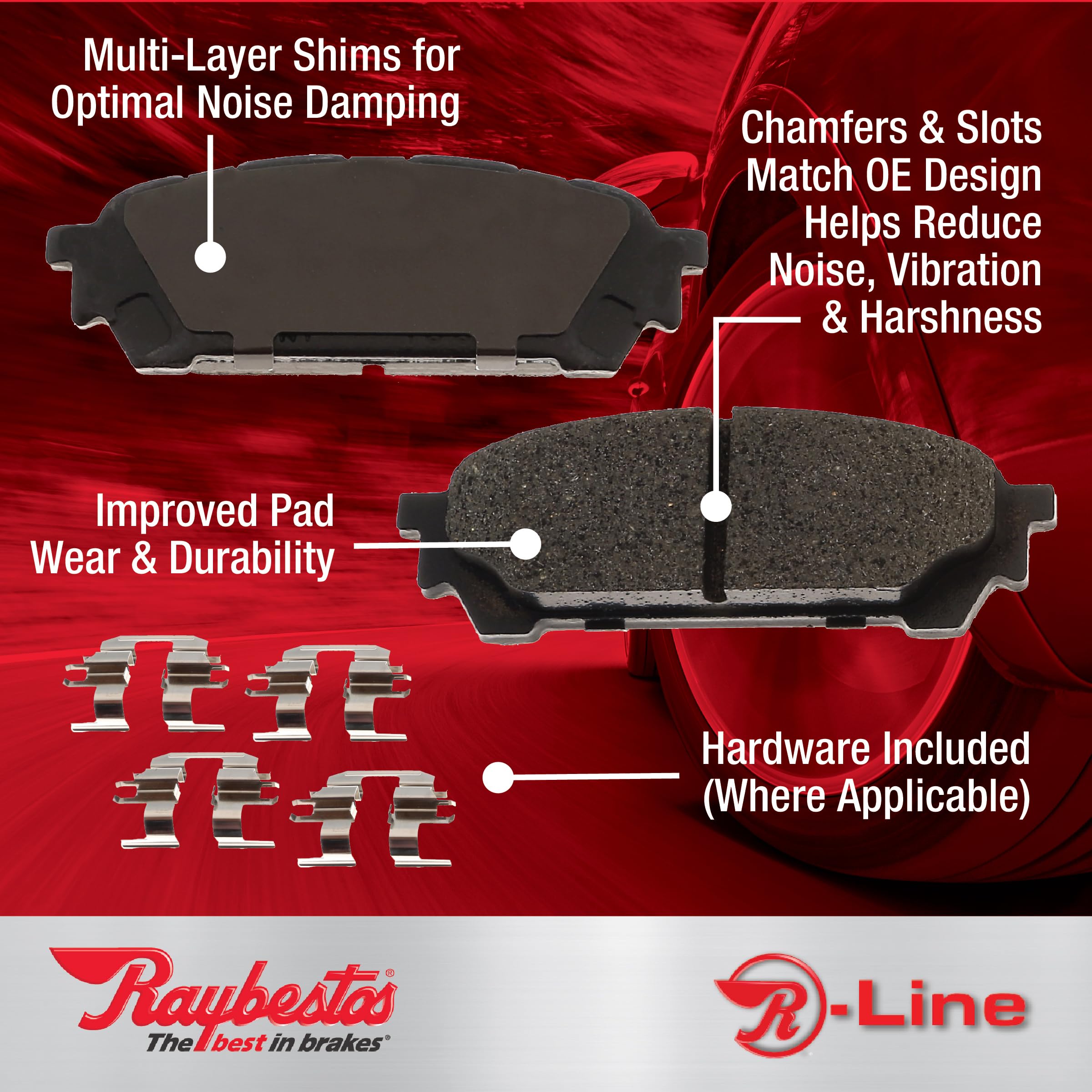 Raybestos R-Line Replacement Ceramic Rear Disc Brake Pads Set With Hardware - For Select Year Infiniti, Nissan And Suzuki Models