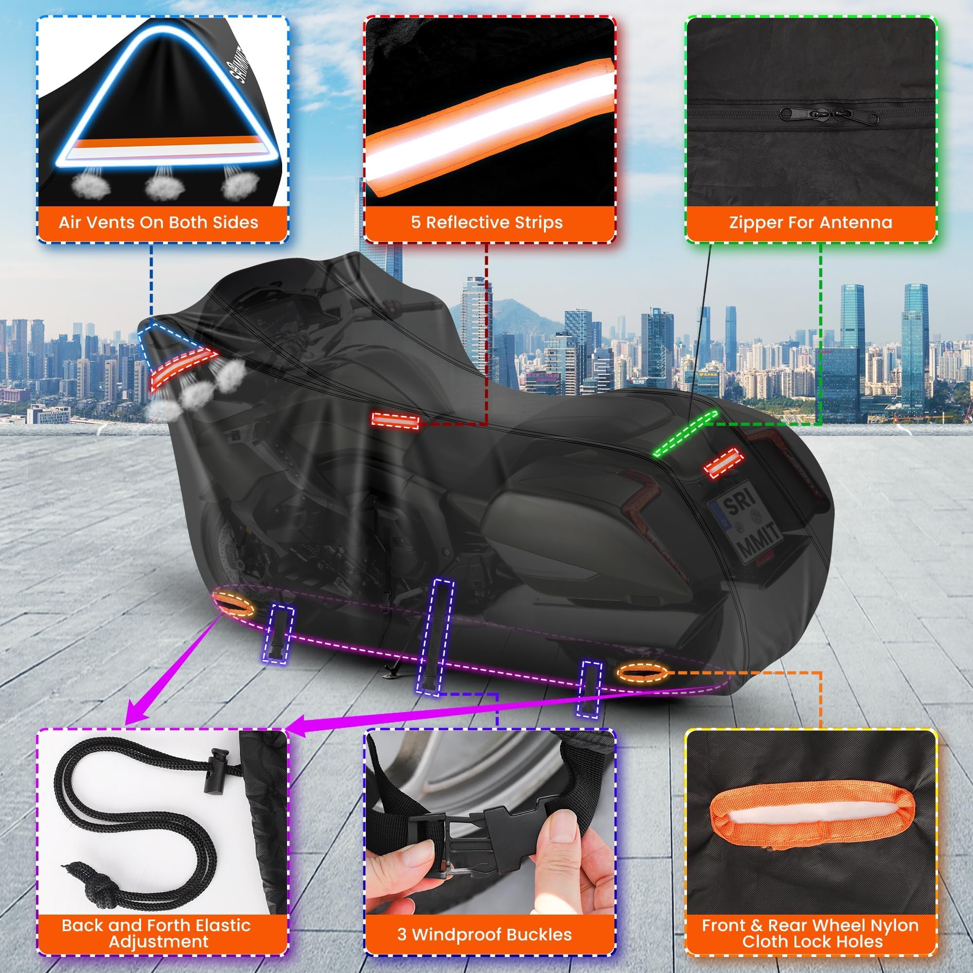 Motorcycle Covers Waterproof Outdoor Storage,420D Powersports Vehicle Covers,5 Reflective Strips,2 Air Vents For Fat Boy,Street