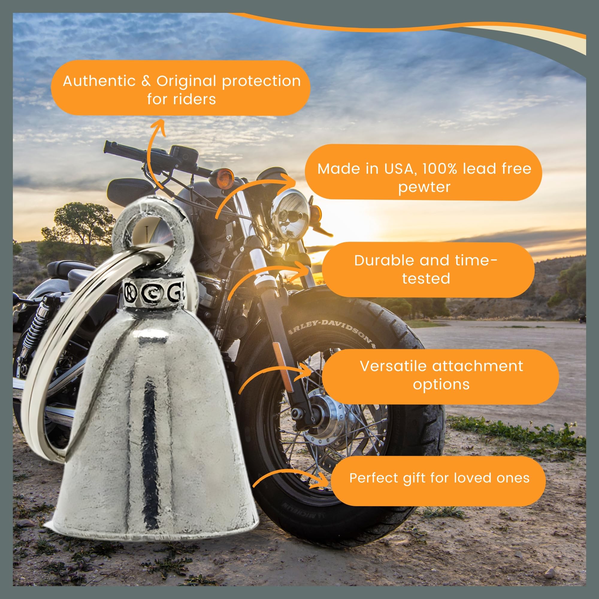 Guardian Bell Wings Wheels Good Luck Bell w/Keyring & Black Velvet Gift Bag | Motorcycle Bell | Lead-Free Pewter | Good Luck Gif