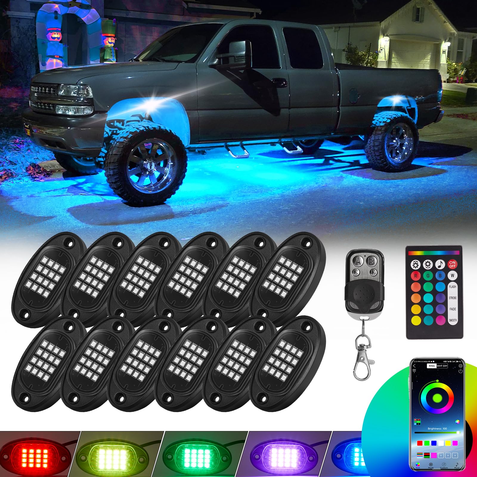 12 Pods Rgb Led Rock Lights For Trucks Golf Cart Pickup Offroad Rv Utv Atv Suv, Waterproof Multicolor Underglow Kit For Cars Wit
