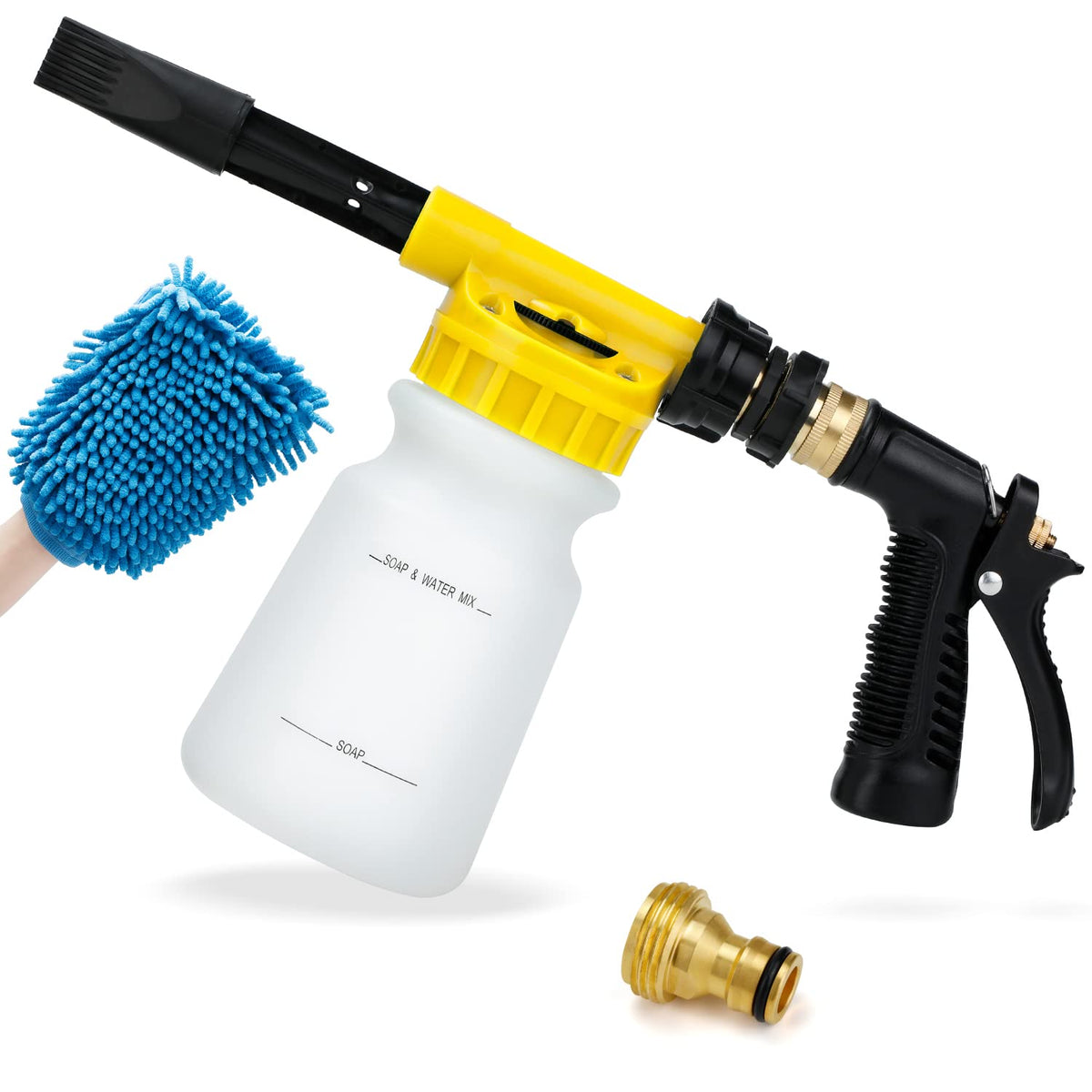 Ohuhu Car Wash Foam Gun, Car Wash Soap Sprayer With 3/8 Brass Connector & Car Washing Mitts, Dual Filtration, 6 Levels Of Foam Concentration, Quick Connect To Most Garden Hose (Yellow)