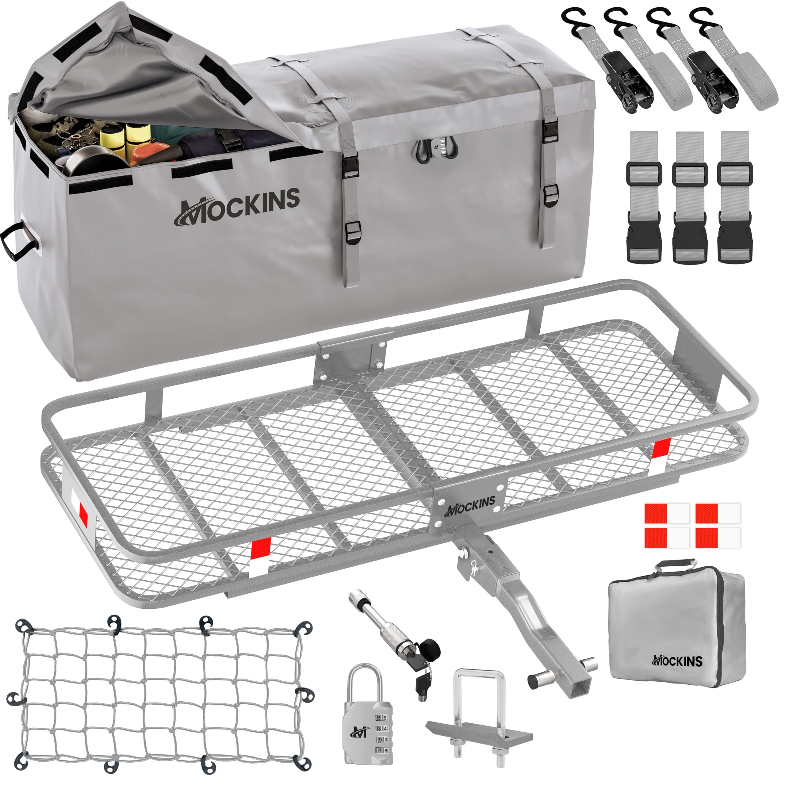 Mockins 60'X20'X6' Folding Trailer Hitch Cargo Carrier Rack 500 Lbs Cap| Vehicle Soft-Shell Carriers W/Waterproof Truck Bed Cargo Bag | Cargo Carrier Hitch Mount | Tow Hitch Cargo Basket For Suv &Car